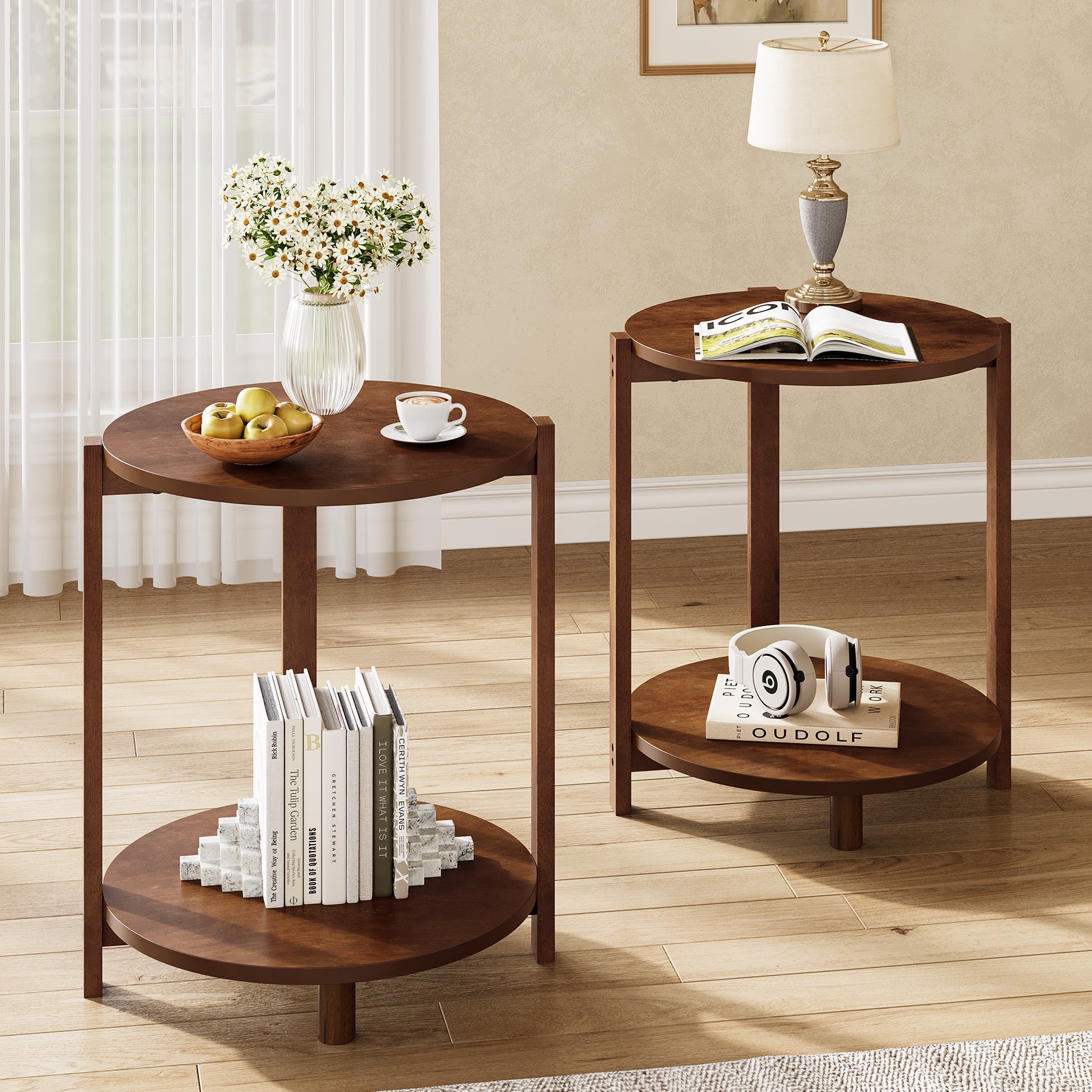 Tribesigns Mesa auxiliar redonda de madera maciza 48 cm, Mesita de noche pequeña de 2 niveles con estante