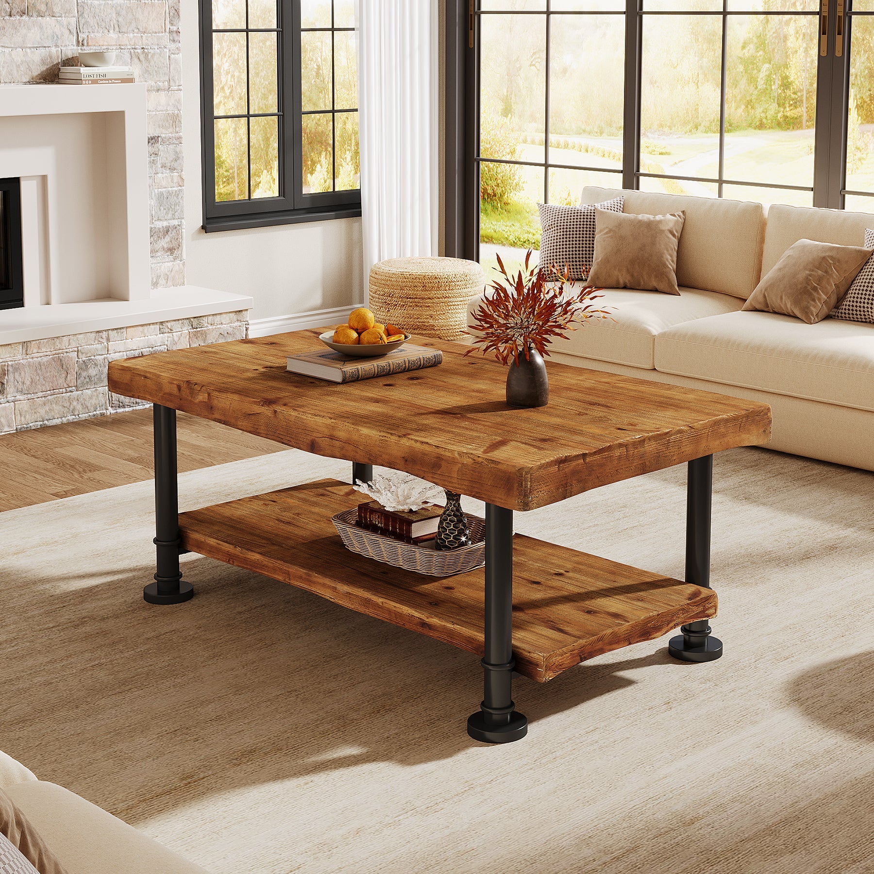 Tribesigns Mesa de centro rectangular de 120 cm 2 niveles de madera maciza para salón con borde natural y patas de metal