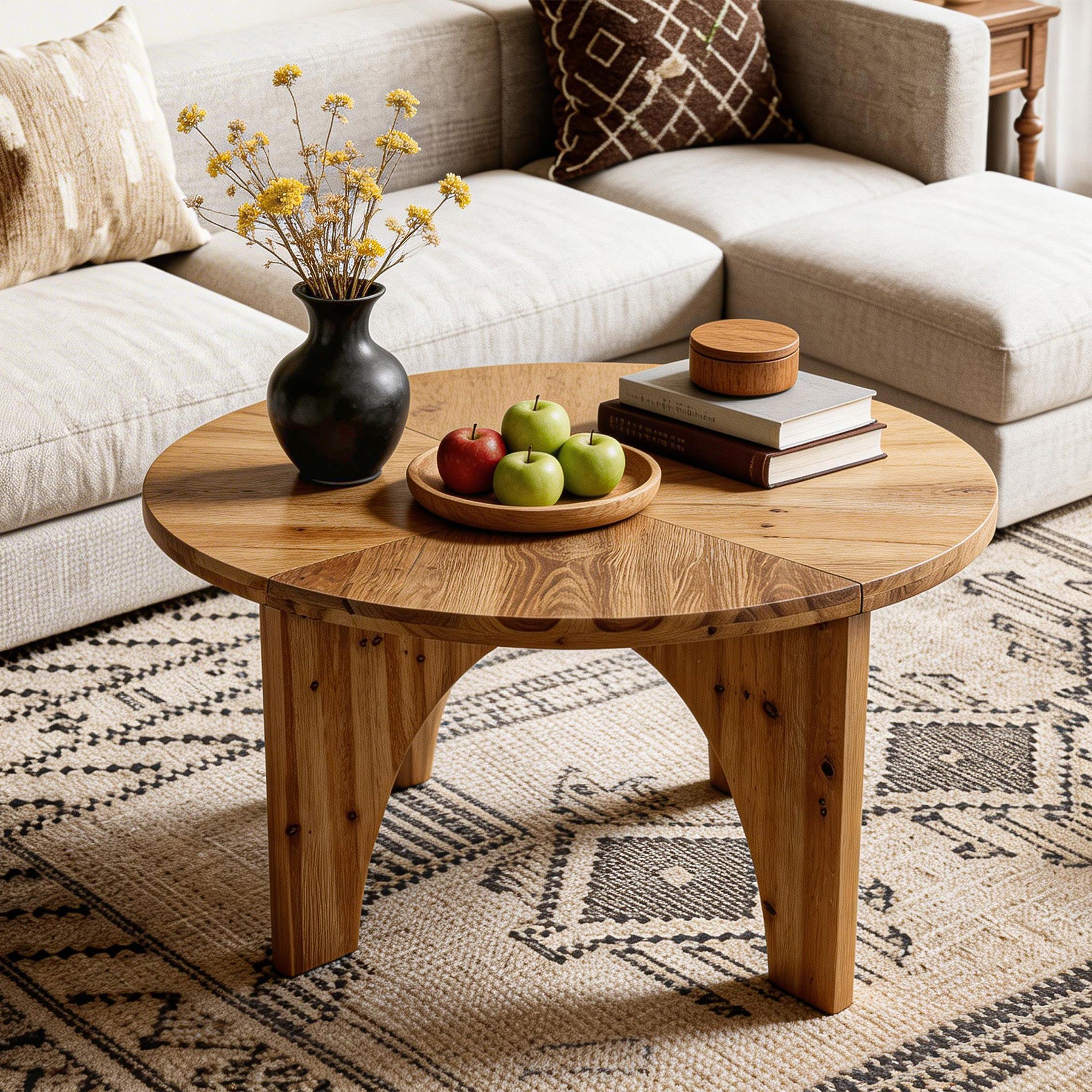Tribeigns Mesa de centro redonda de madera maciza 80 cm, Mesa de salón de estilo rústico con patas curvas