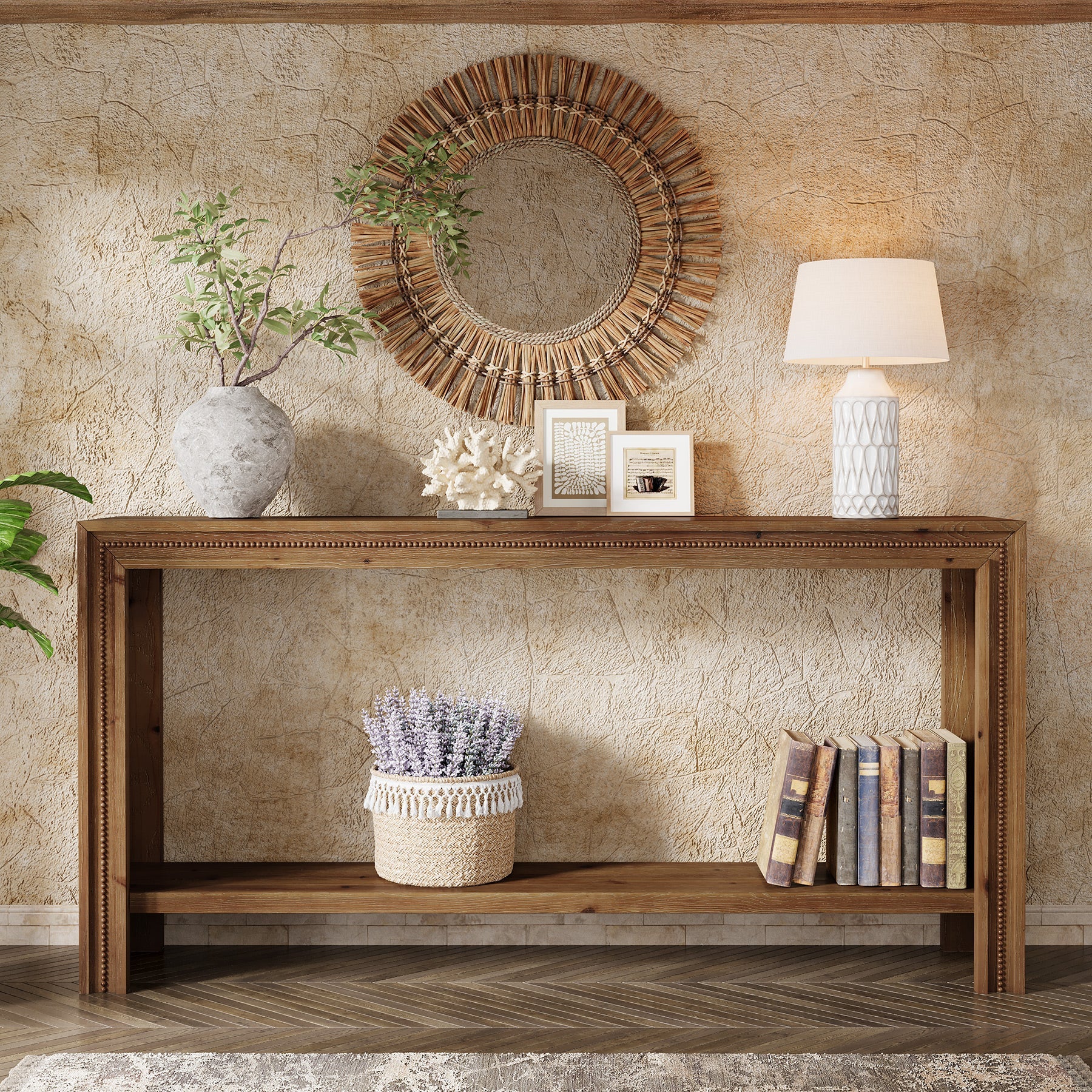 Tribesigns 160 cm massief houten consoletafel met 2-laagse opbergplank, smalle haltafel voor woonkamer gang en entree