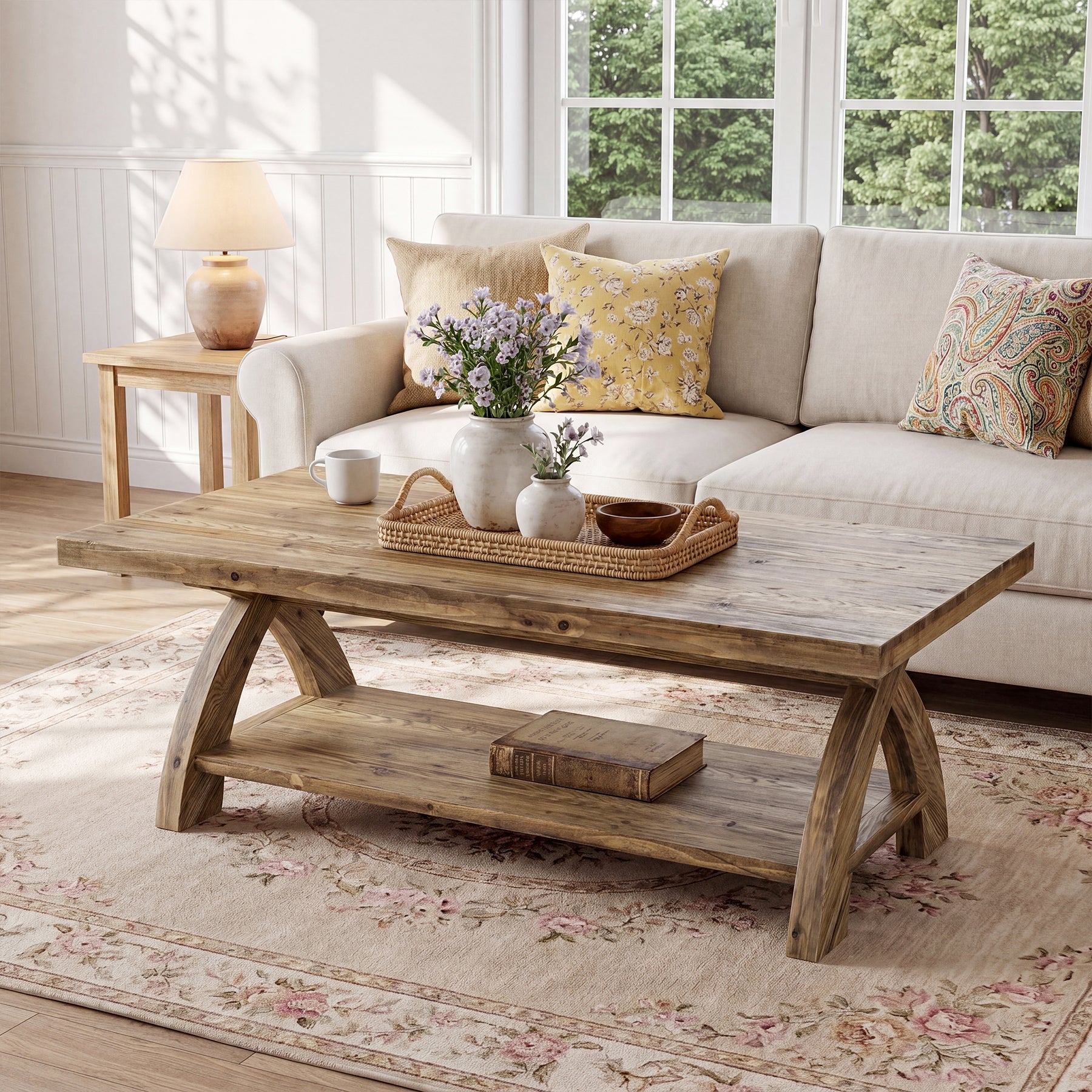 Mesa de centro de madera maciza con estante, Mesa de salón rectangular con estructura en forma de X