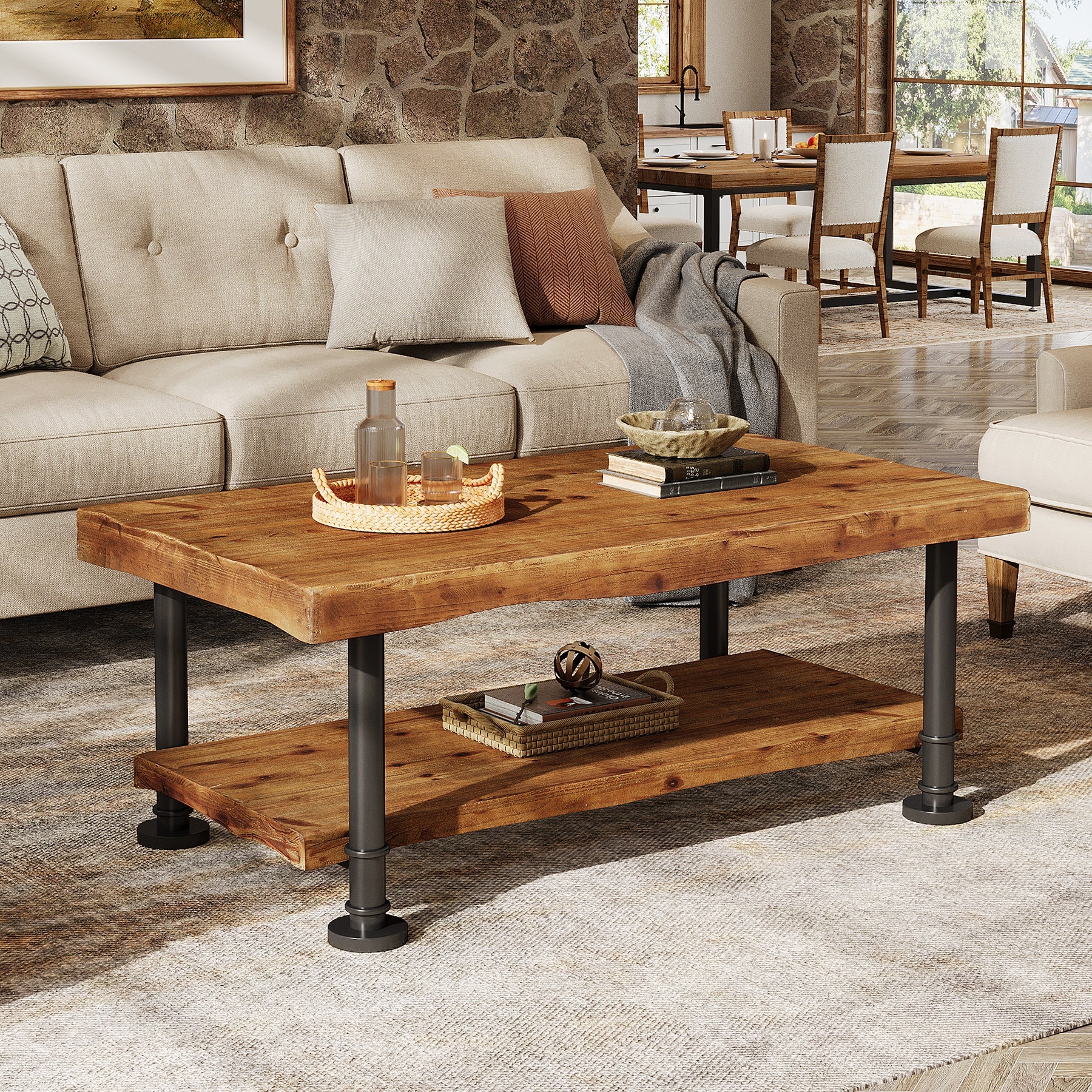 Tribesigns Mesa de centro rectangular de 120 cm 2 niveles de madera maciza para salón con borde natural y patas de metal