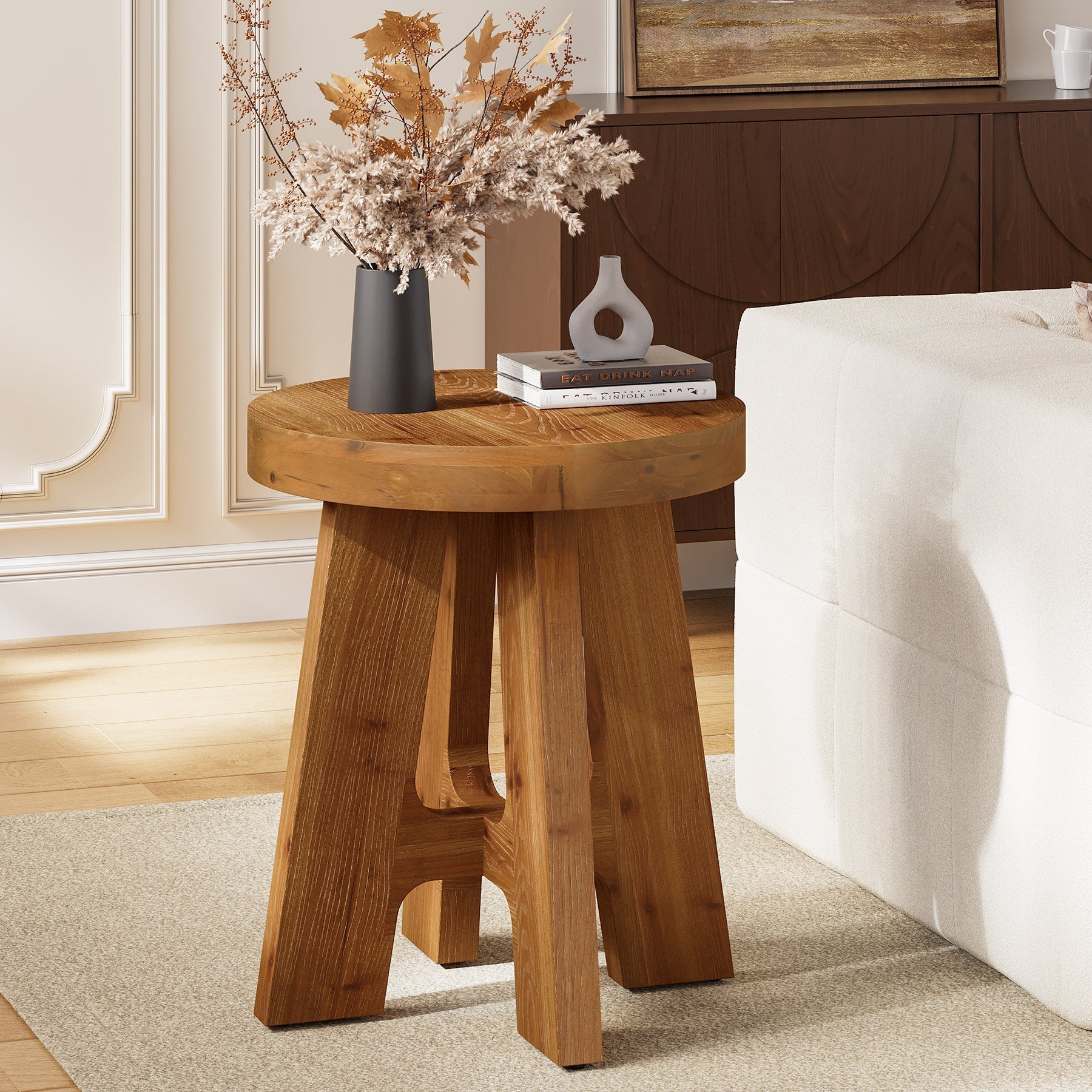 Tribesigns Mesa auxiliar redonda de madera maciza, Mesa de sofá rústica de madera con patas robustas