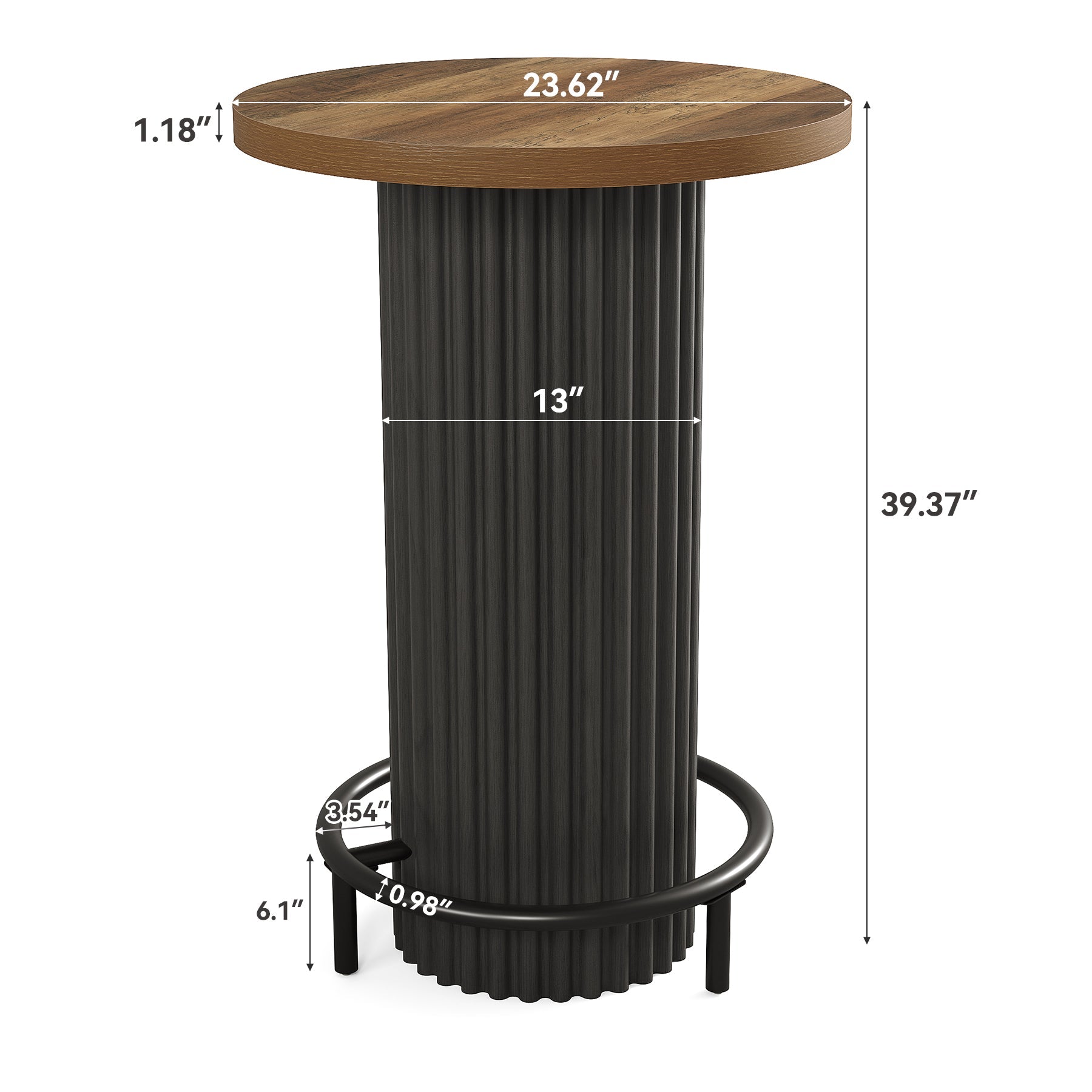 Mesa alta redonda (100 cm de altura), Mesa de bistró moderna de madera con reposapiés metálico