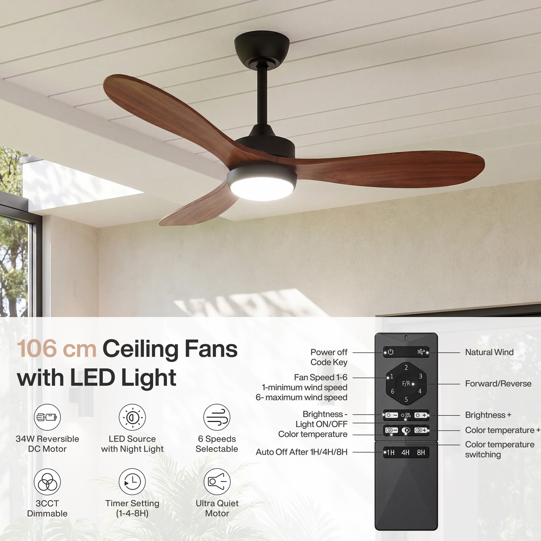 Tribesigns Ventilador de techo con luz, Ventilador de techo LED con mando a distancia, Motor de CC reversible y 6 velocidades