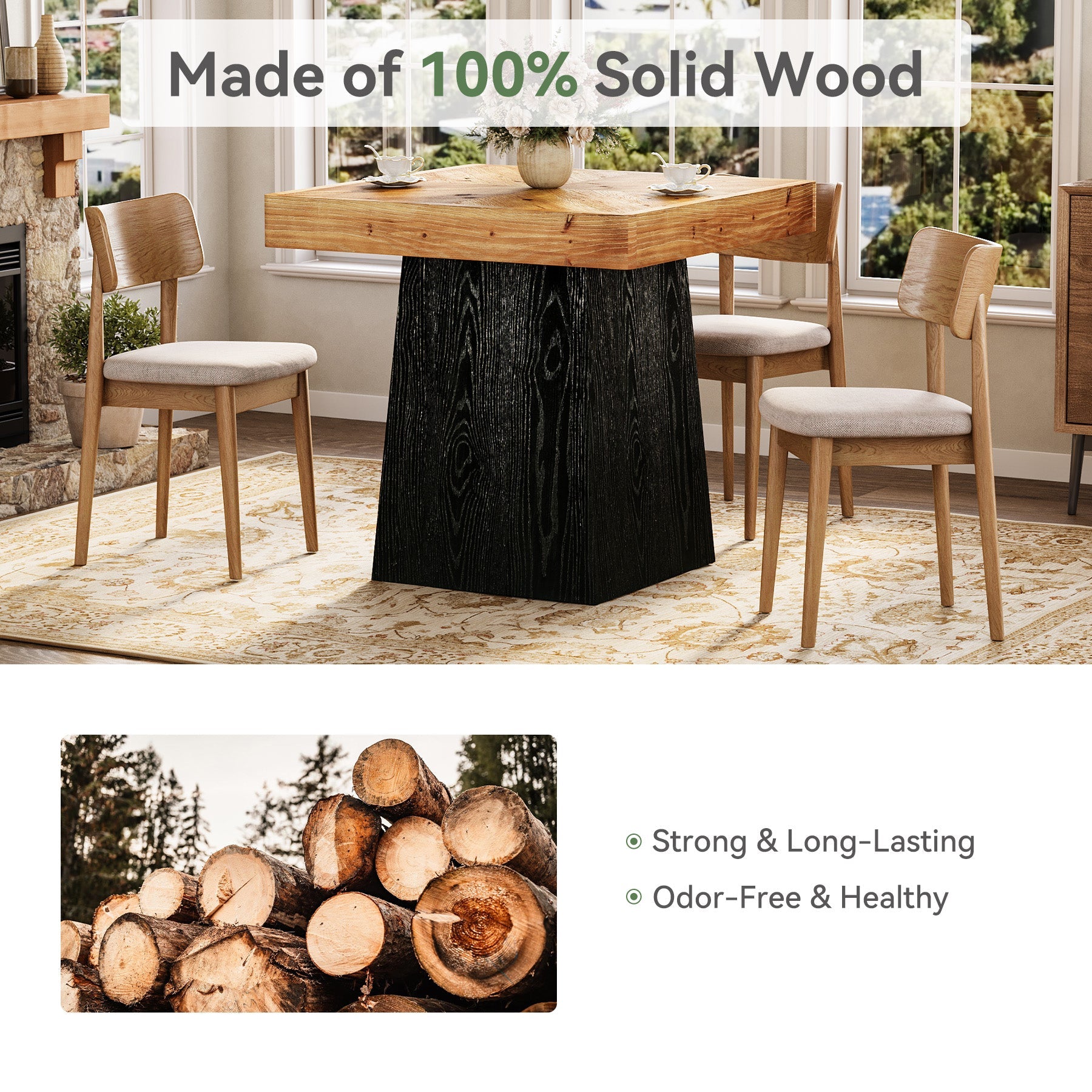 Tribesigns Mesa de comedor cuadrada de madera maciza 80 cm para 2 a 4 personas, Mesa de cocina de estilo rústico con base de pedestal robusta