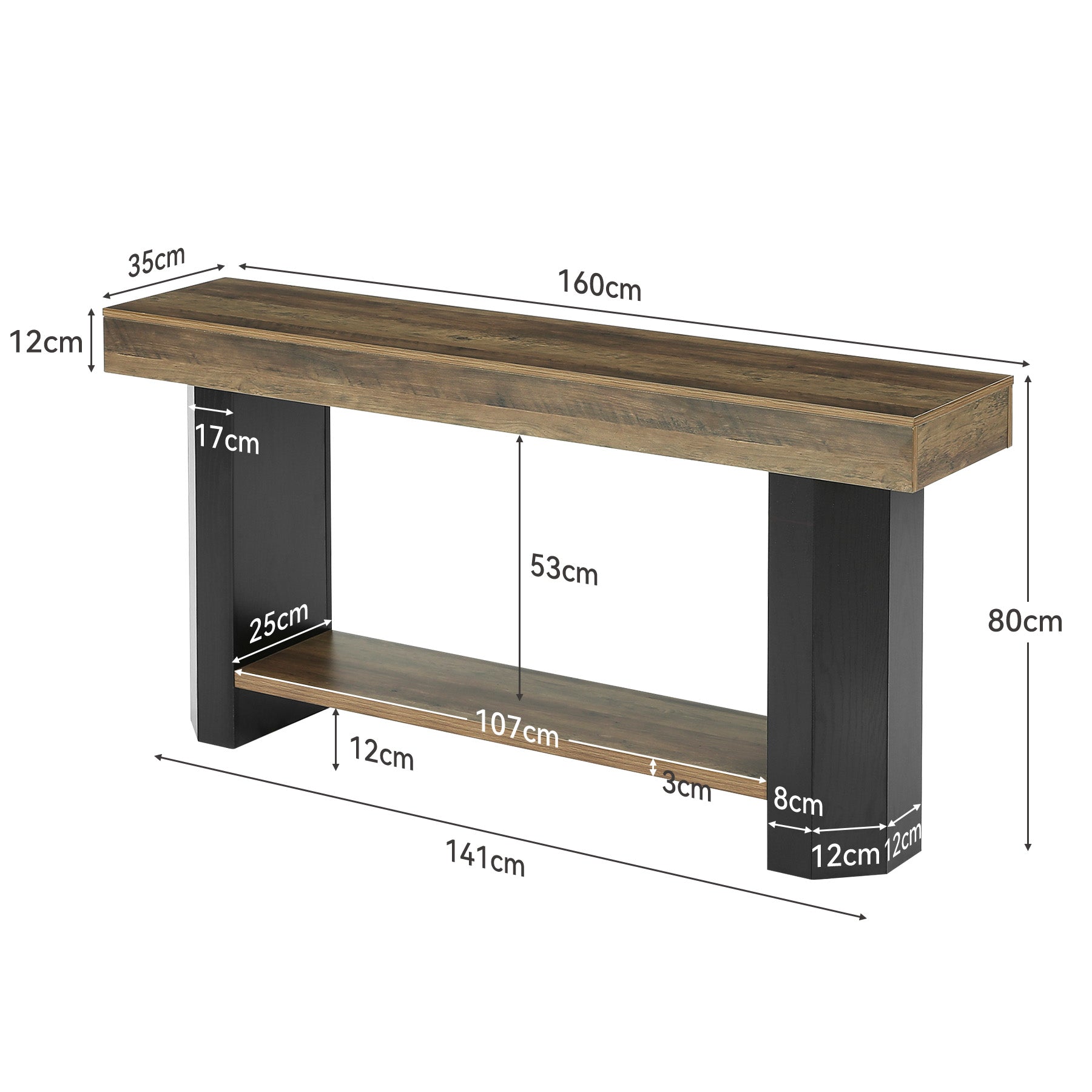 Mesa consola de 160 cm con 2 estantes, Mesa estrecha de estilo industrial para recibidor