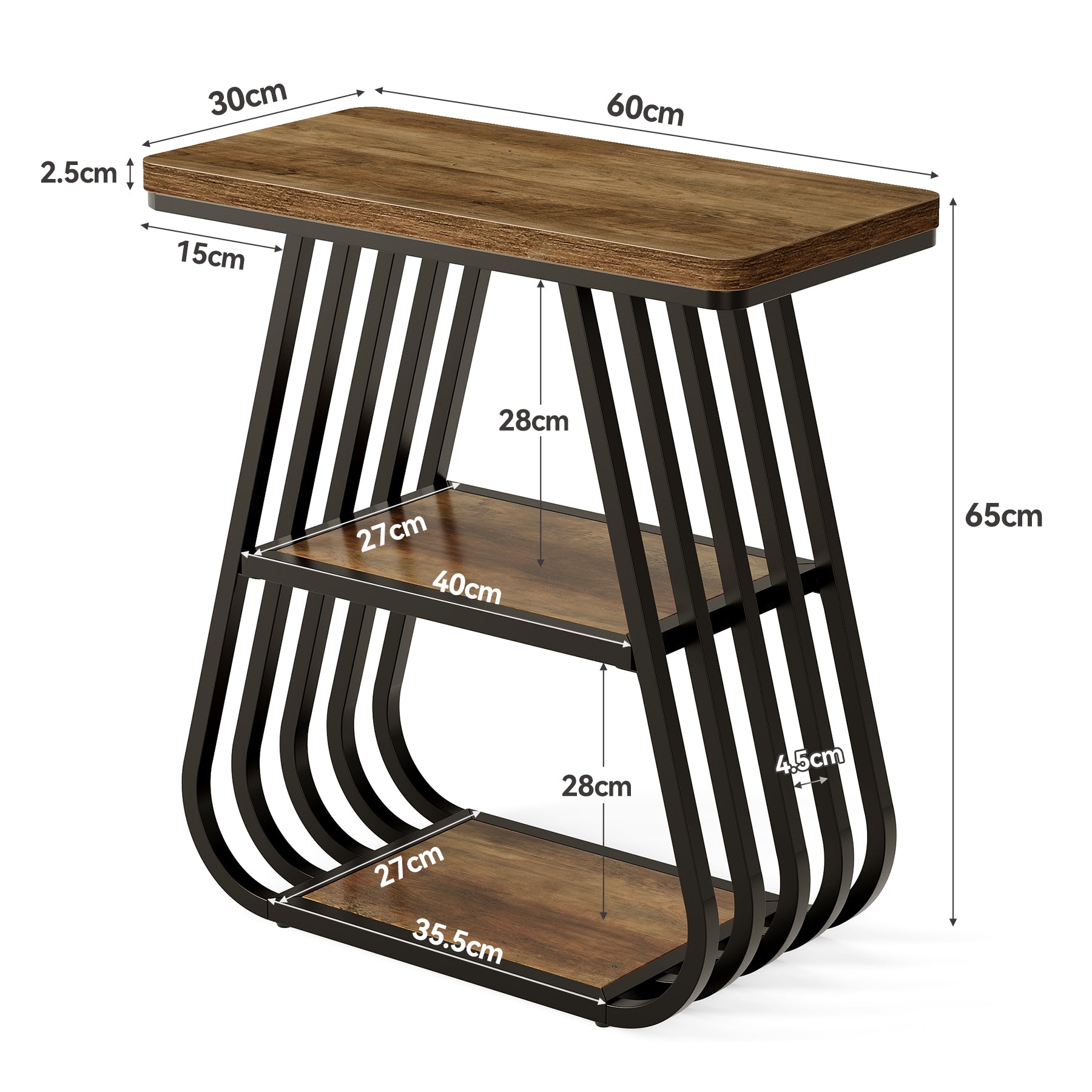 Mesita auxiliar de 3 niveles, Mesita de noche estrecha para habitaciones pequeñas Mesa de sofá de madera de estilo industrial