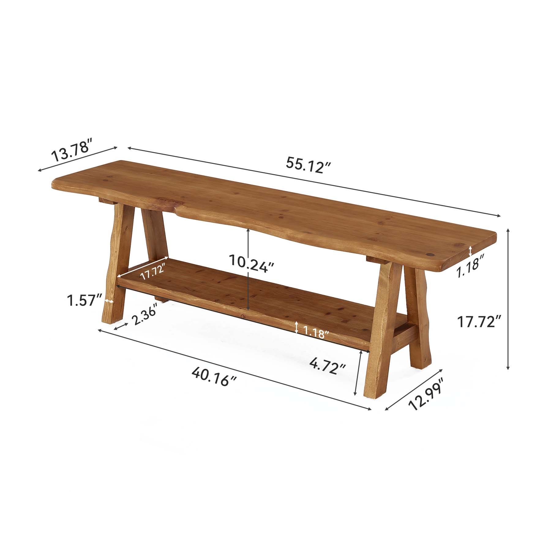 Tribesigns Banco de madera maciza de 140 cm, Banco rústico para recibidor con borde natural y 2 estantes de almacenamiento