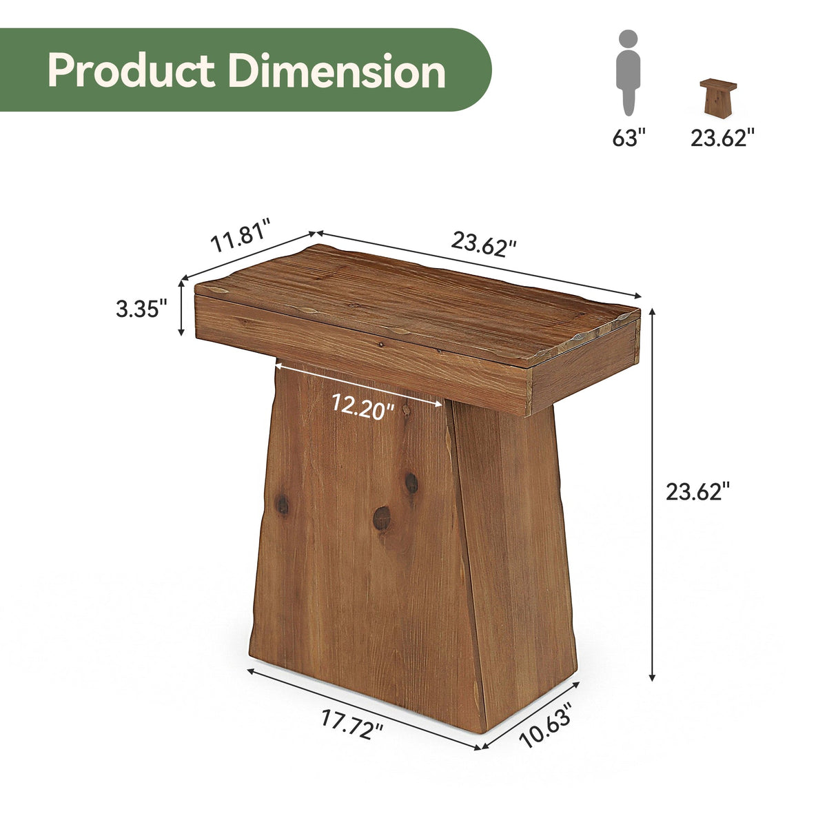 Tribesigns Mesa auxiliar de madera maciza de 60 cm, Mesa de madera con base trapezoidal
