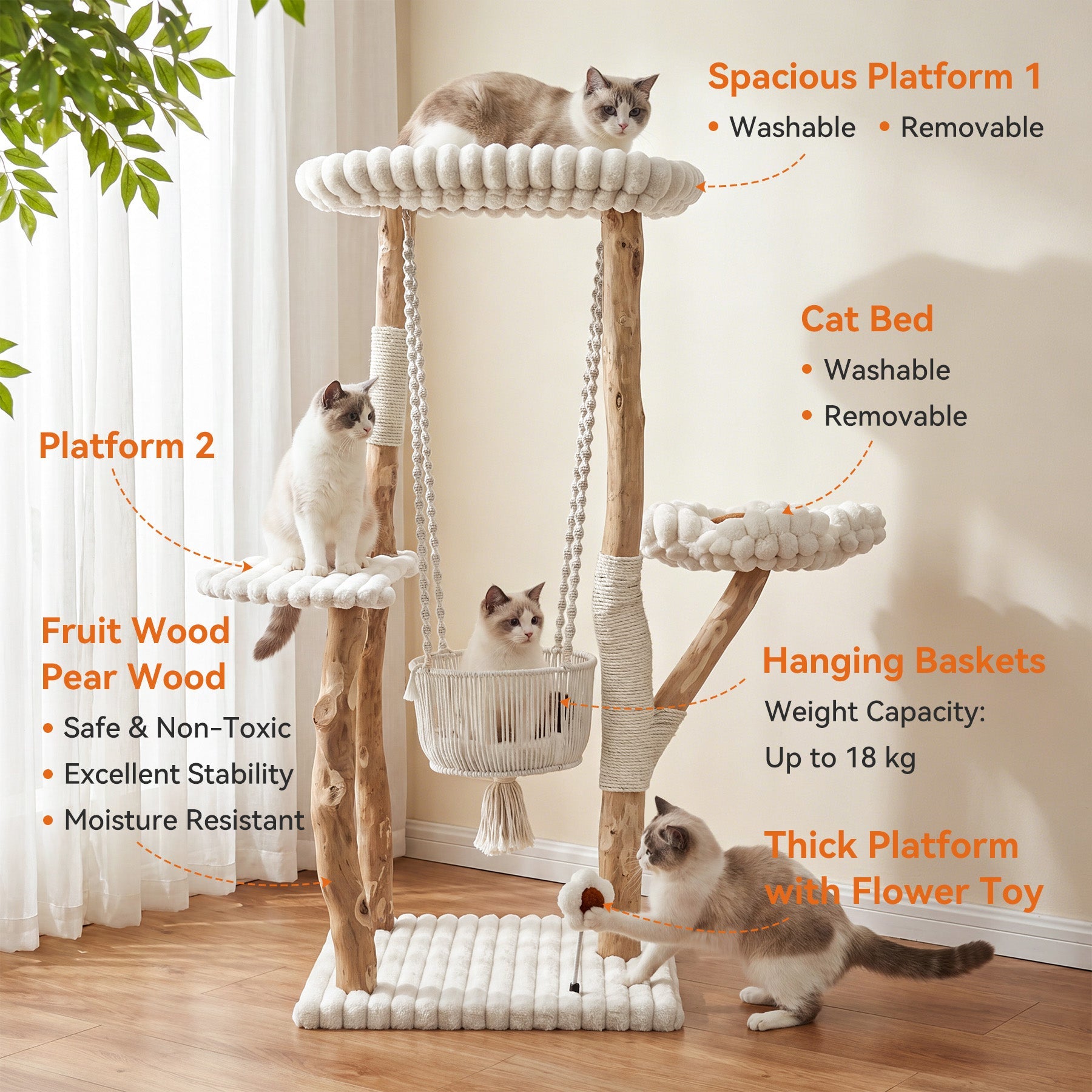 Tribesigns Árbol rascador para gatos de madera maciza, Poste rascador de 130 cm con hamaca, zonas de descanso y cojines lavables