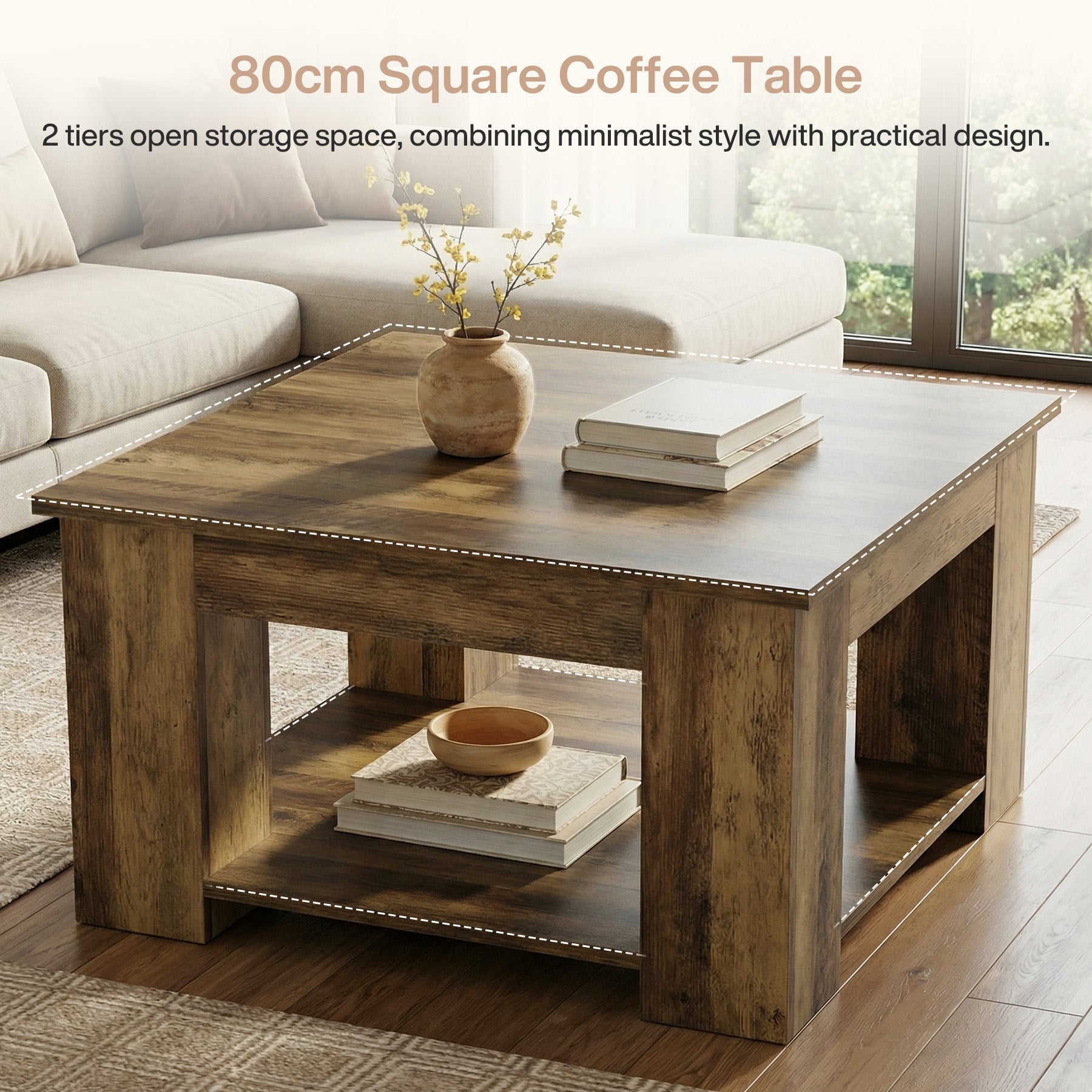 Tribesigns Mesa de centro cuadrada de 80 cm, Mesa de salón de 2 niveles con almacenamiento