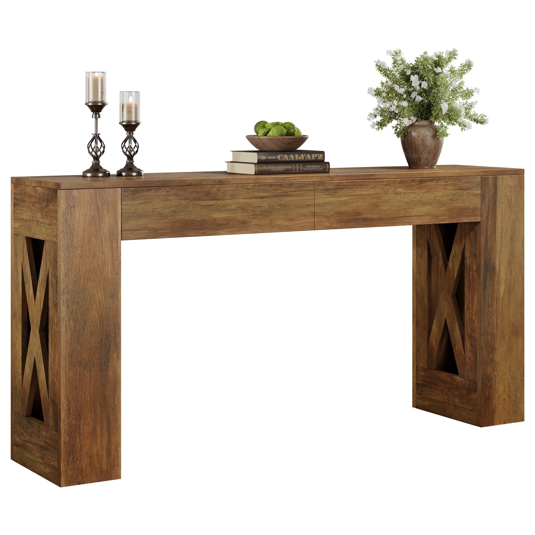 Tribesigns Consola de estilo rústico de 160 cm, Mesa de recibidor estrecha con 2 cajones y diseño de patas en X