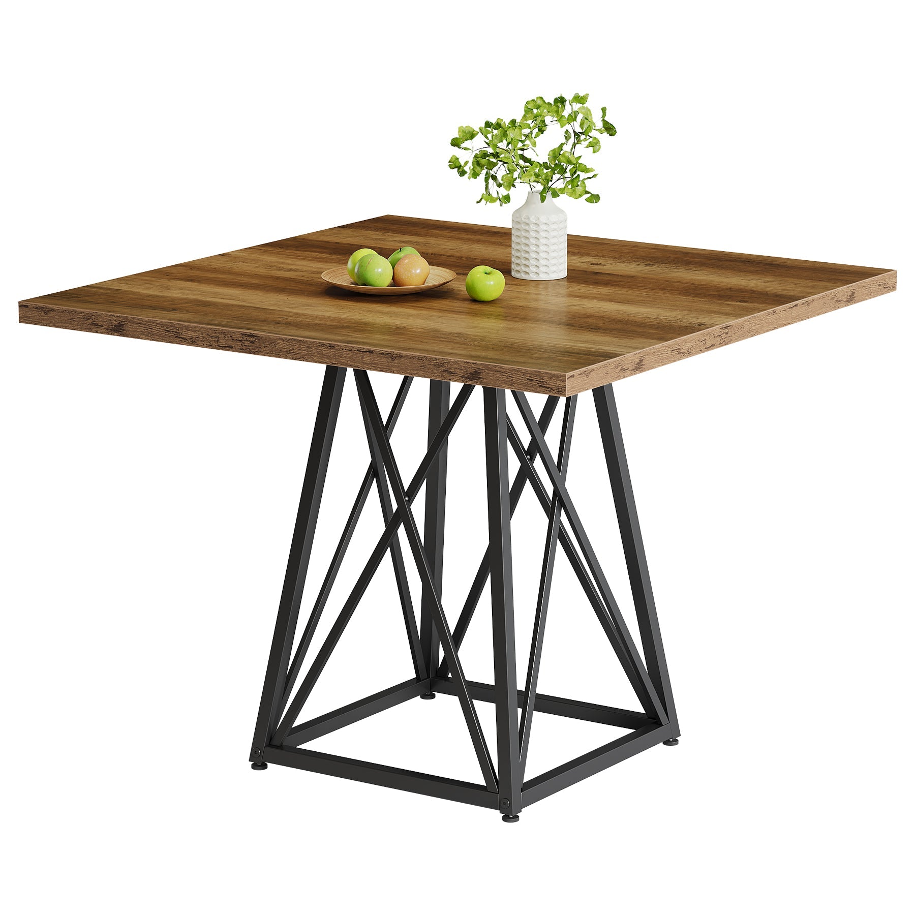 Tribesigns Mesa de comedor de 90 cm para 4 personas, Mesa cuadrada de estilo rústico con estructura de metal en marrón-negro