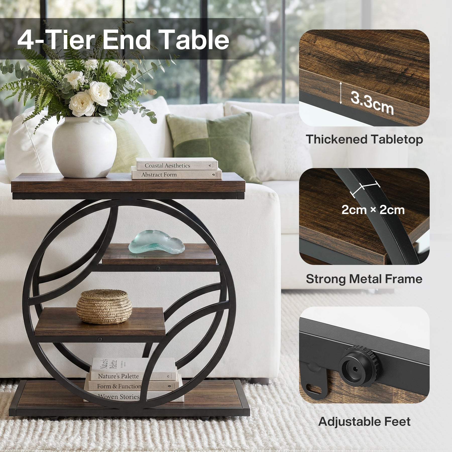 Tribesigns Mesa auxiliar de 4 niveles, Mesa estrecha para sofá con estructura metálica y estantes Mesita de noche estilo industrial