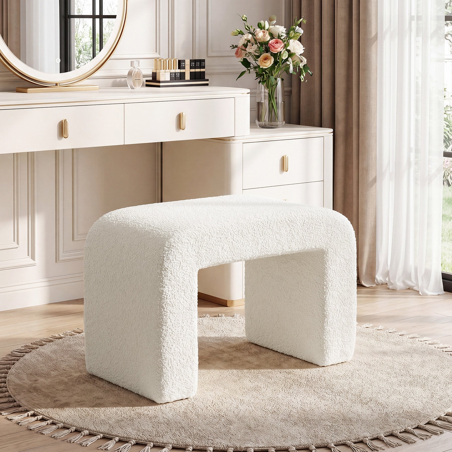 Taburete tapizado en sherpa, Taburete moderno para tocador con funda de osito de peluche