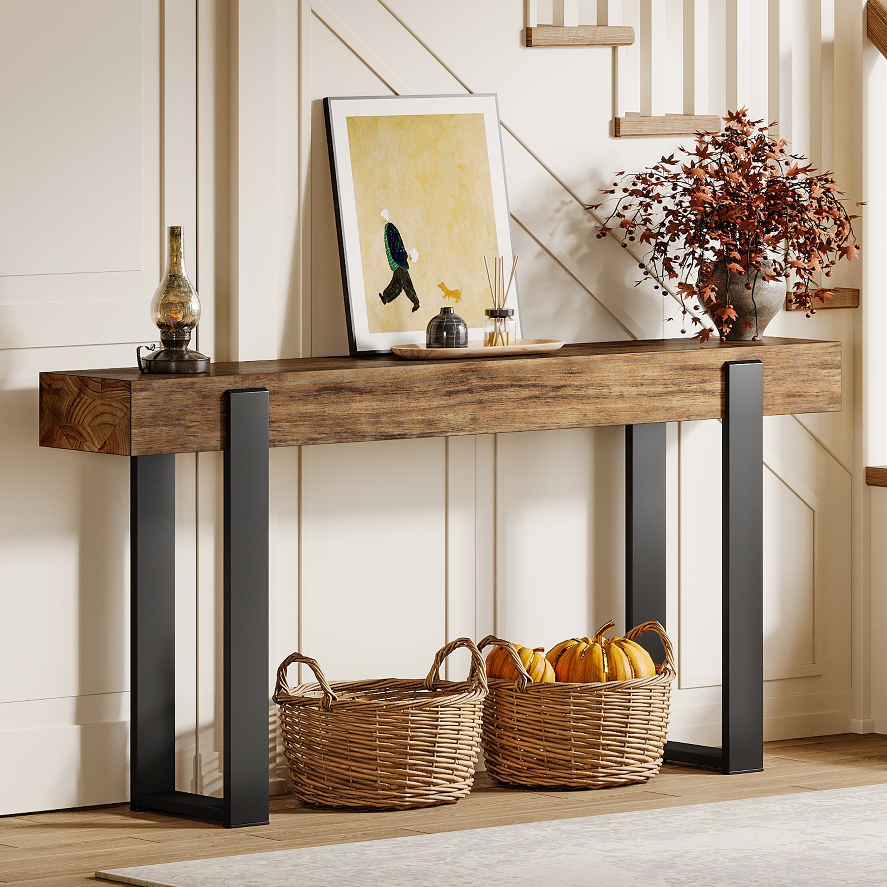 Tribesigns Mesa consola de madera maciza de 160 x 30 cm con patas de soporte metálicas