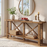 Mesa consola estrecha de 180 cm, Mesa de recibidor de madera maciza de 2 niveles 3