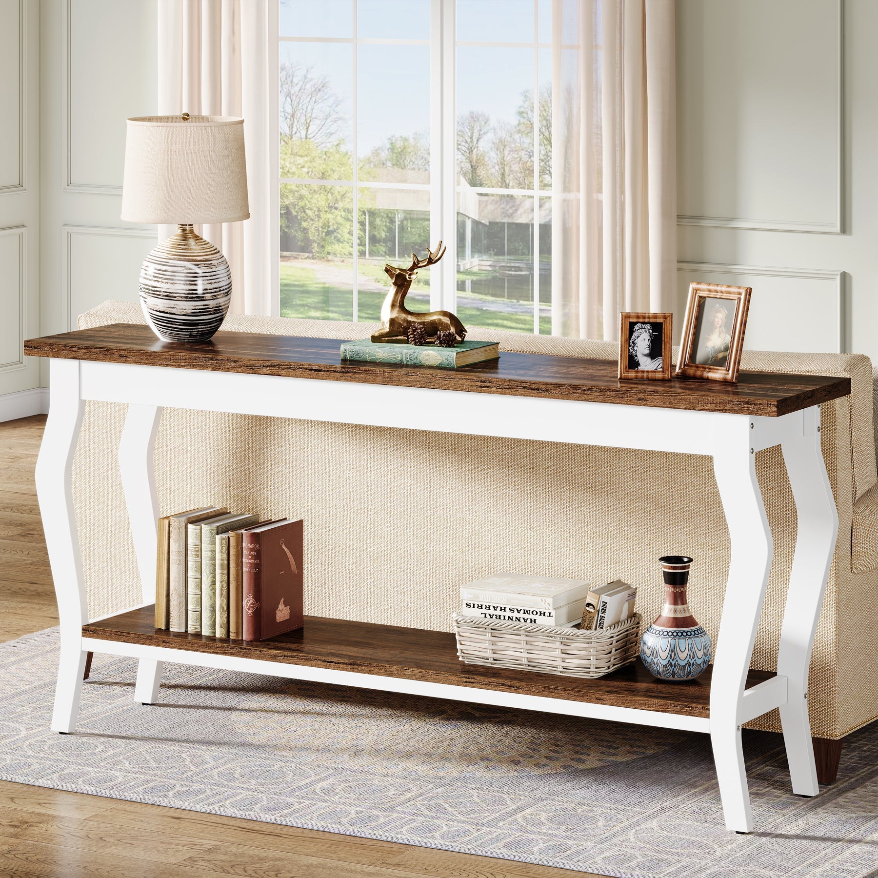 Tribesigns Consola de 180 cm, Mesa de sofá vintage con espacio de almacenamiento de 2 niveles