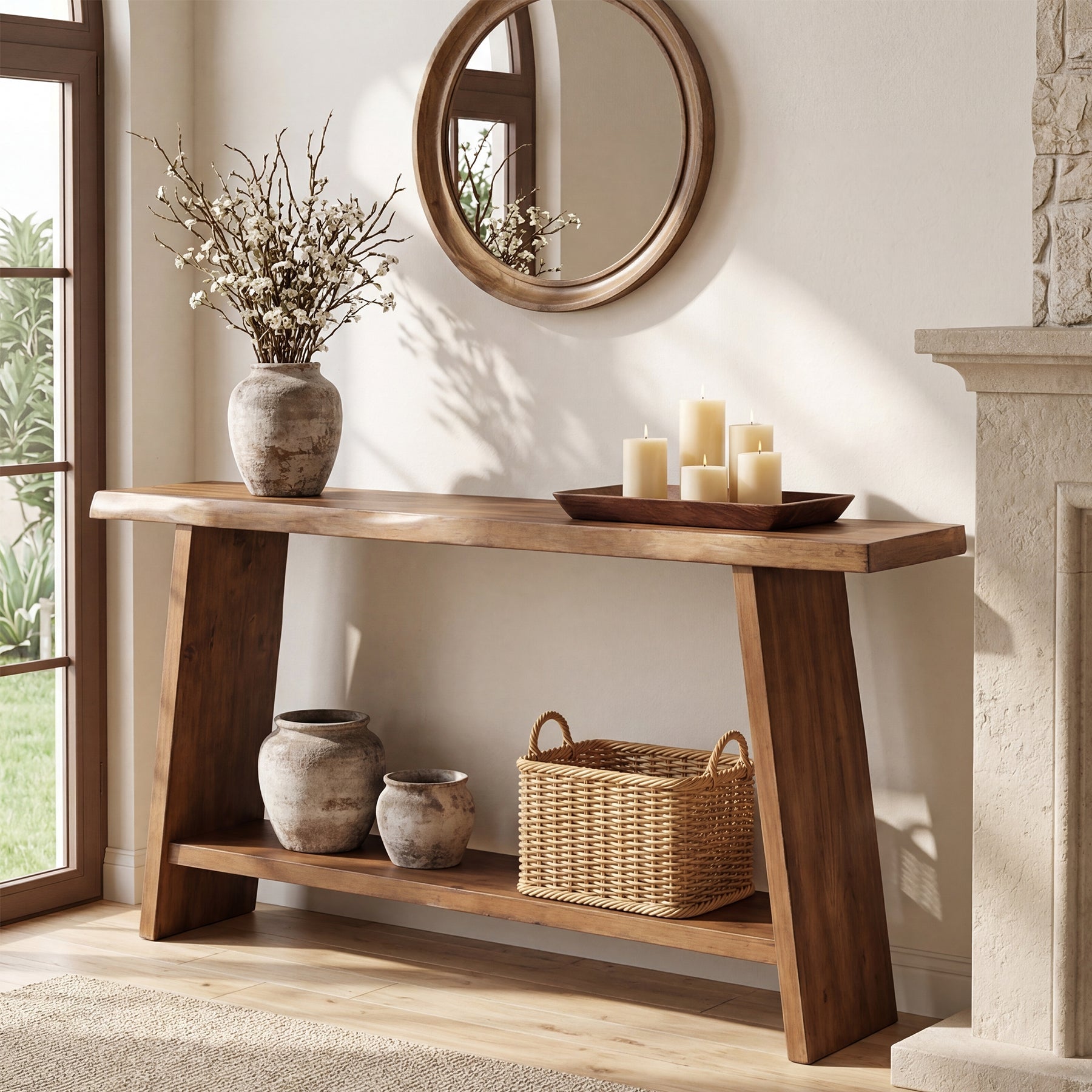 Tribesigns Mesa consola de madera maciza de 160 cm, Mesa auxiliar de dos niveles para el recibidor