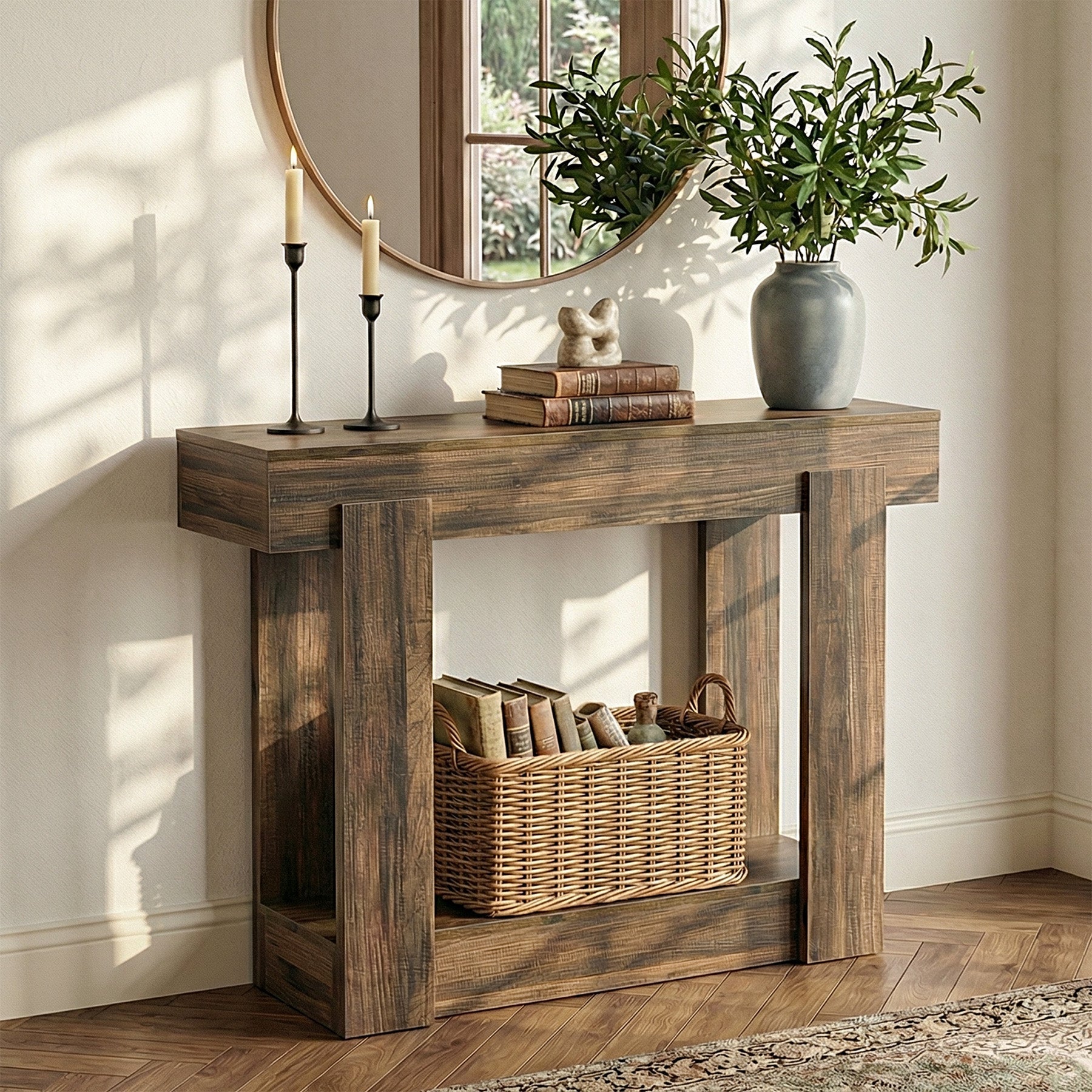 Mesa consola de 105 cm con estante, Mesa estrecha de estilo rústico para recibidor y salón