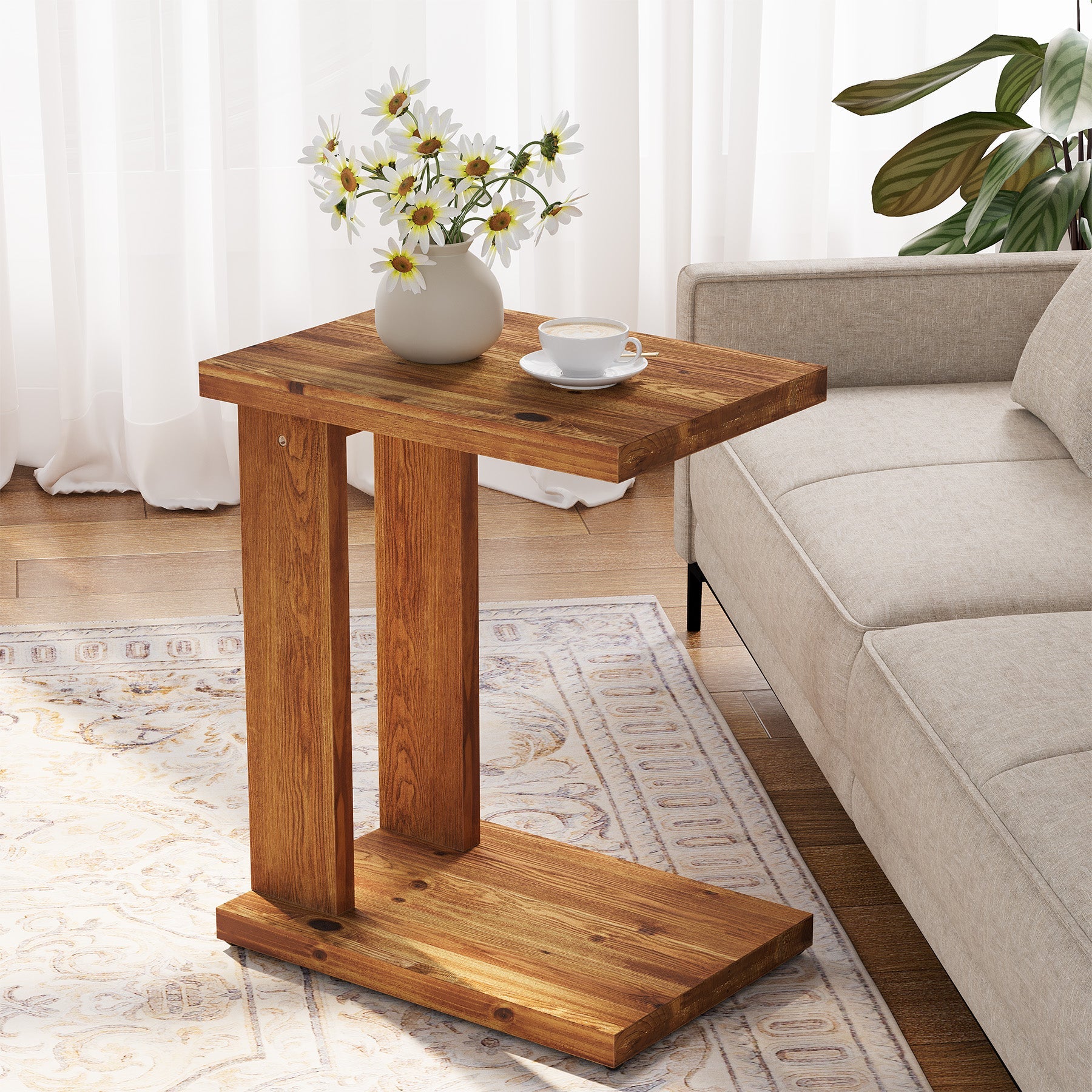 Tribesigns Mesa auxiliar de madera maciza en forma de C con 2 niveles, 50 x 35 x 60 cm, Mesa de banco de madera para sala de estar, dormitorio y espacios pequeños