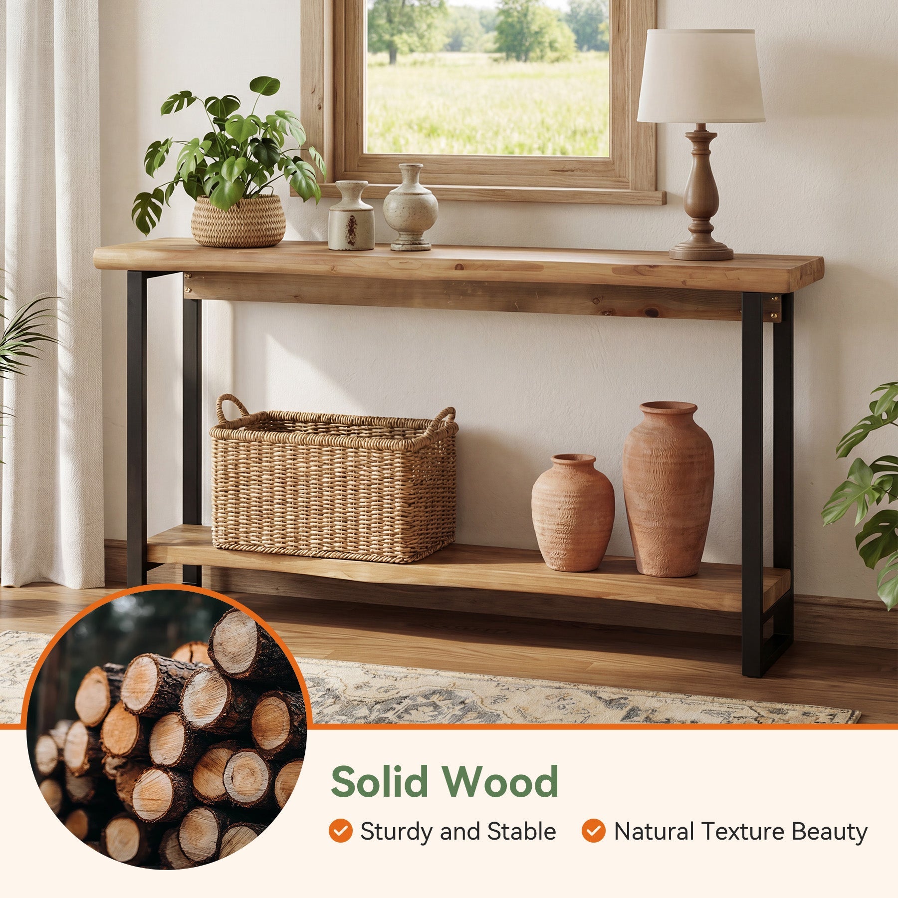 Tribesigns Consola de madera maciza de 160 cm con borde natural, Mesa de centro de 2 niveles