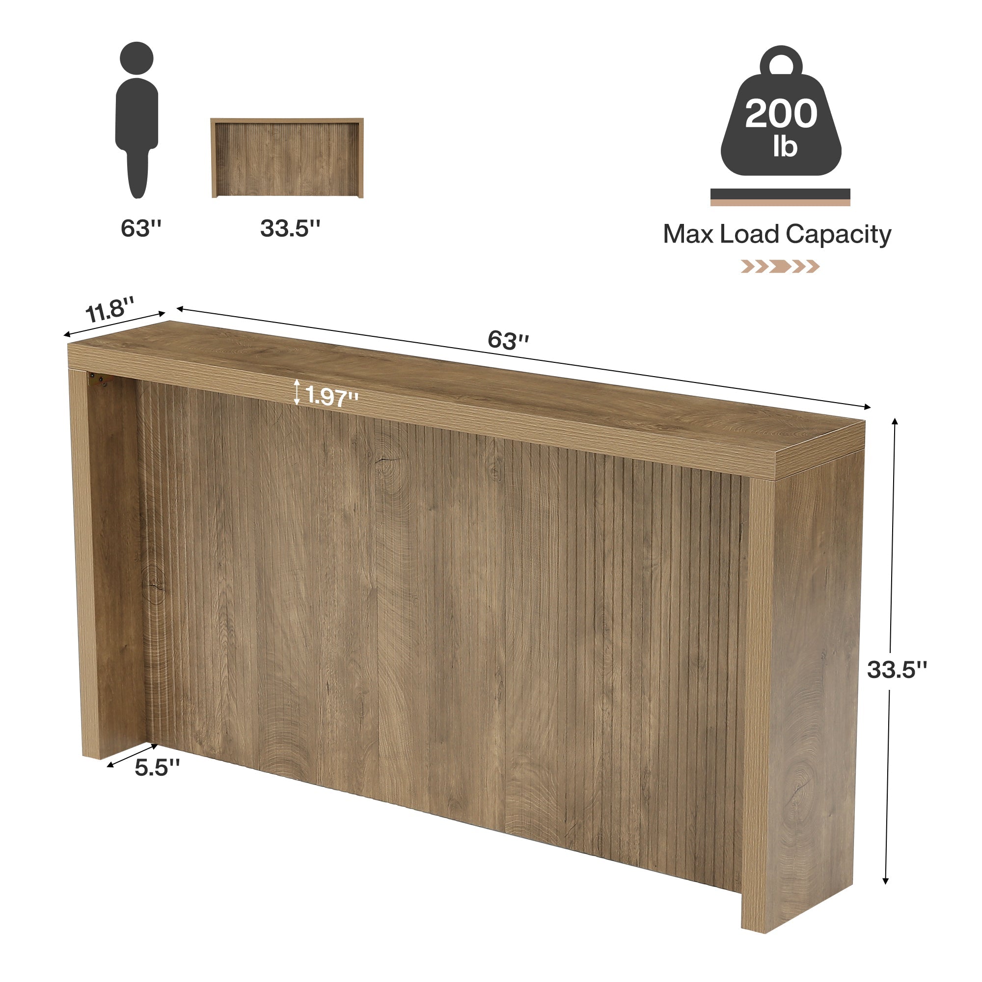 Consola rústica de 160 cm, Mesa de entrada de madera con diseño acanalado para el recibidor