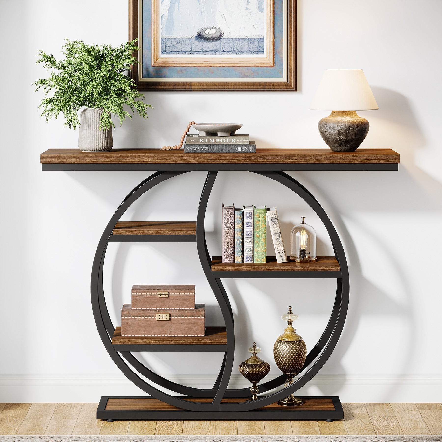 Tribesigns Consola estrecha de 5 niveles de 120 cm con acabado marrón rústico para entrada.