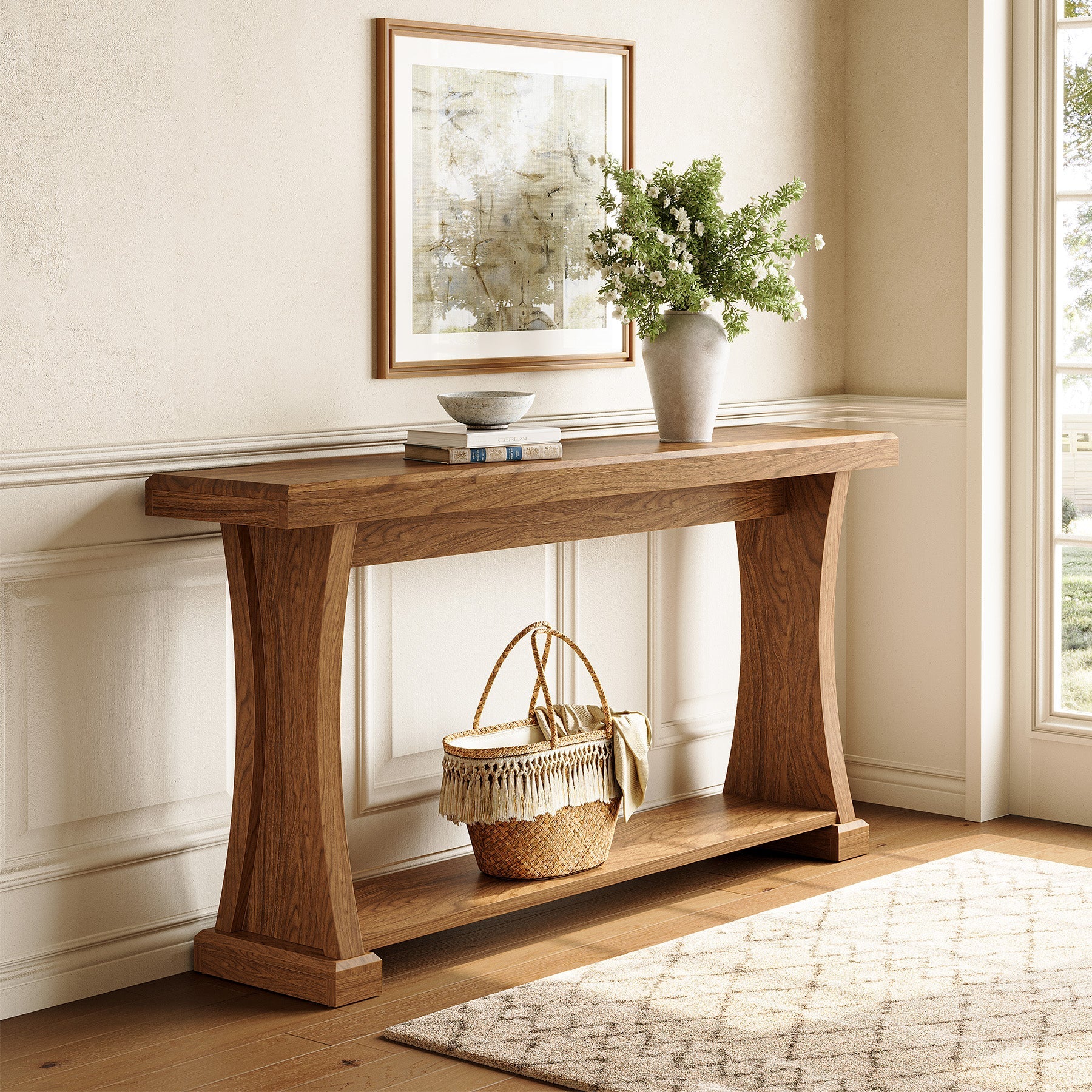 Tribesigns Mesa consola de 160 cm de largo con 2 estantes, Mesa estrecha para recibidor y sofá en imitación madera