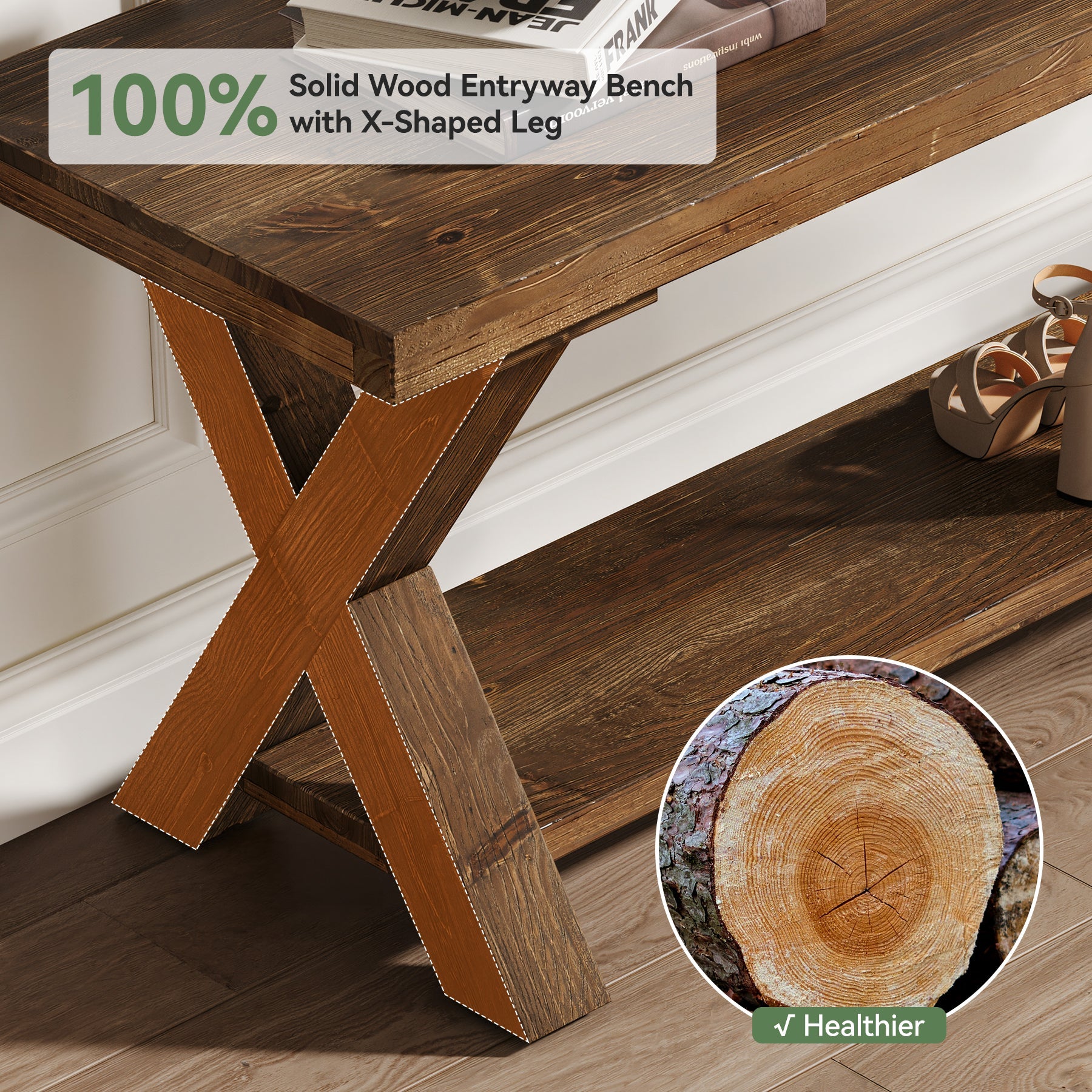 Tribesigns Banco de madera macizade 110 cm con compartimento de almacenamiento, Banco zapatero de estilo rústico con estructura en forma de X en color marrón