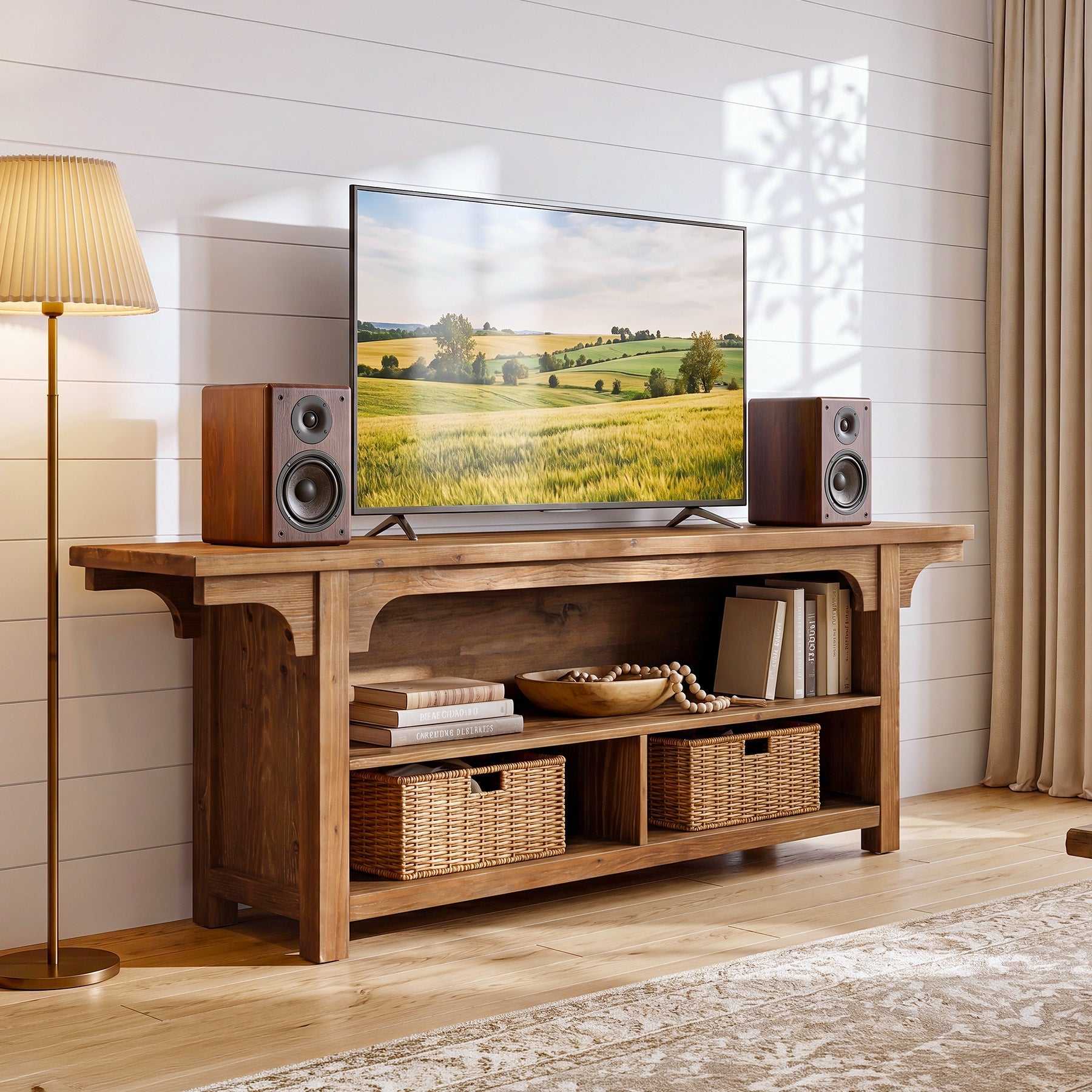 Tribesigns 160 cm TV-Lowboard aus Massivholz, TV-Schrank für 55–70 Zoll Fernseher mit 3 offenen Fächern
