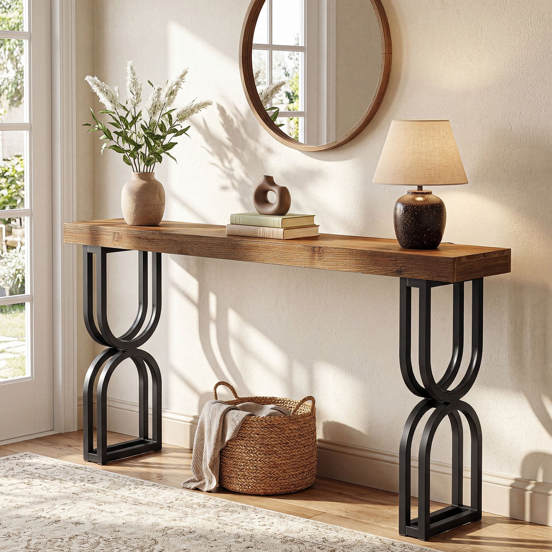 Tribesigns Mesa consola de madera maciza de 150 cm con patas metálicas en forma de U para recibidor