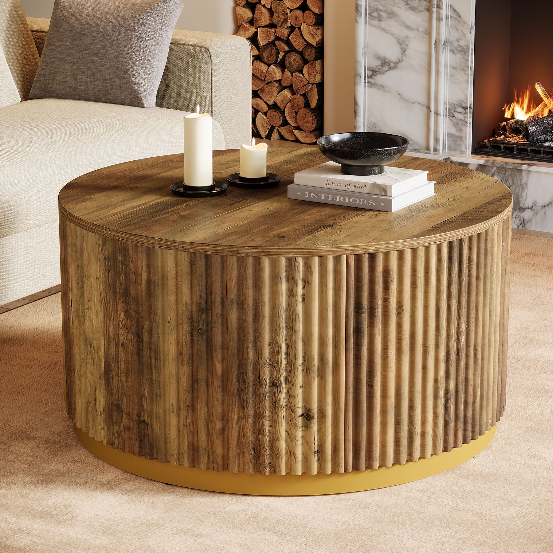 Tribesigns Mesa de centro redonda de 80 cm con diseño acanalado, Mesa de salón con base de tambor estable