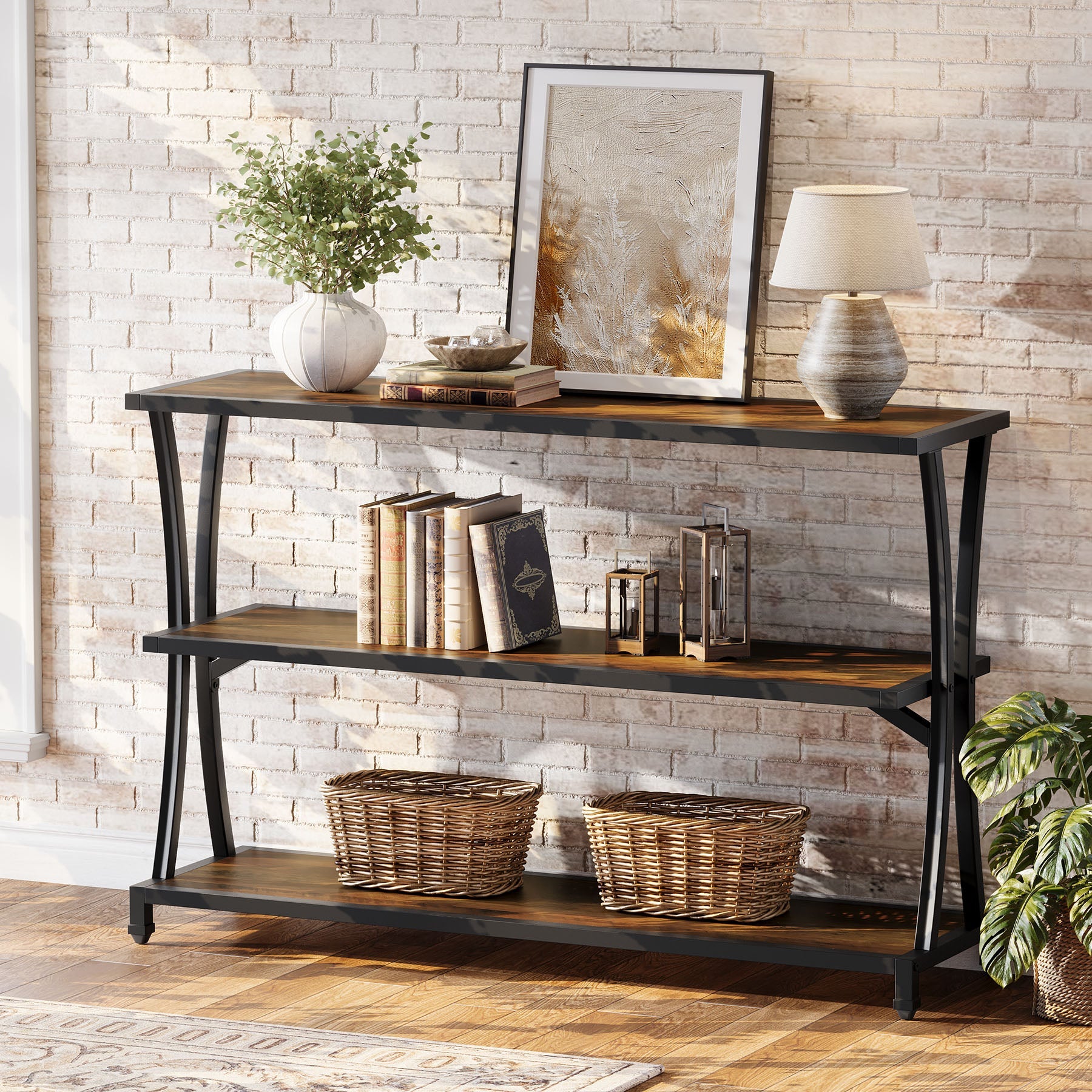 Tribesigns Consola estrecha de estilo industrial con 3 estantes, Mesa de recibidor y de sofá en imitación madera con estructura de metal resistente