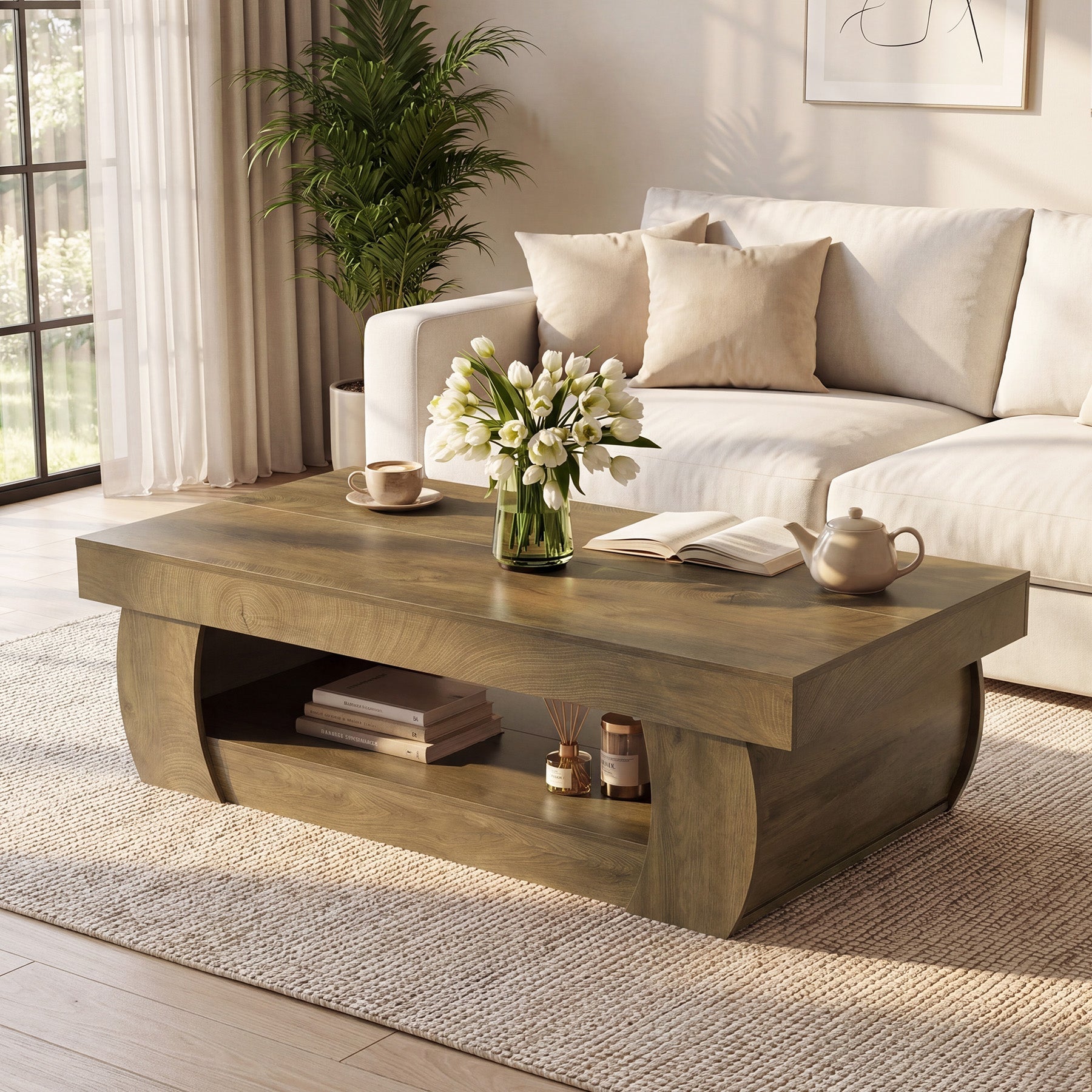 Tribesigns Mesa de centro moderna de 140 cm con estante de almacenamiento abierto, Mesa de salón rectangular con laterales curvos para salón