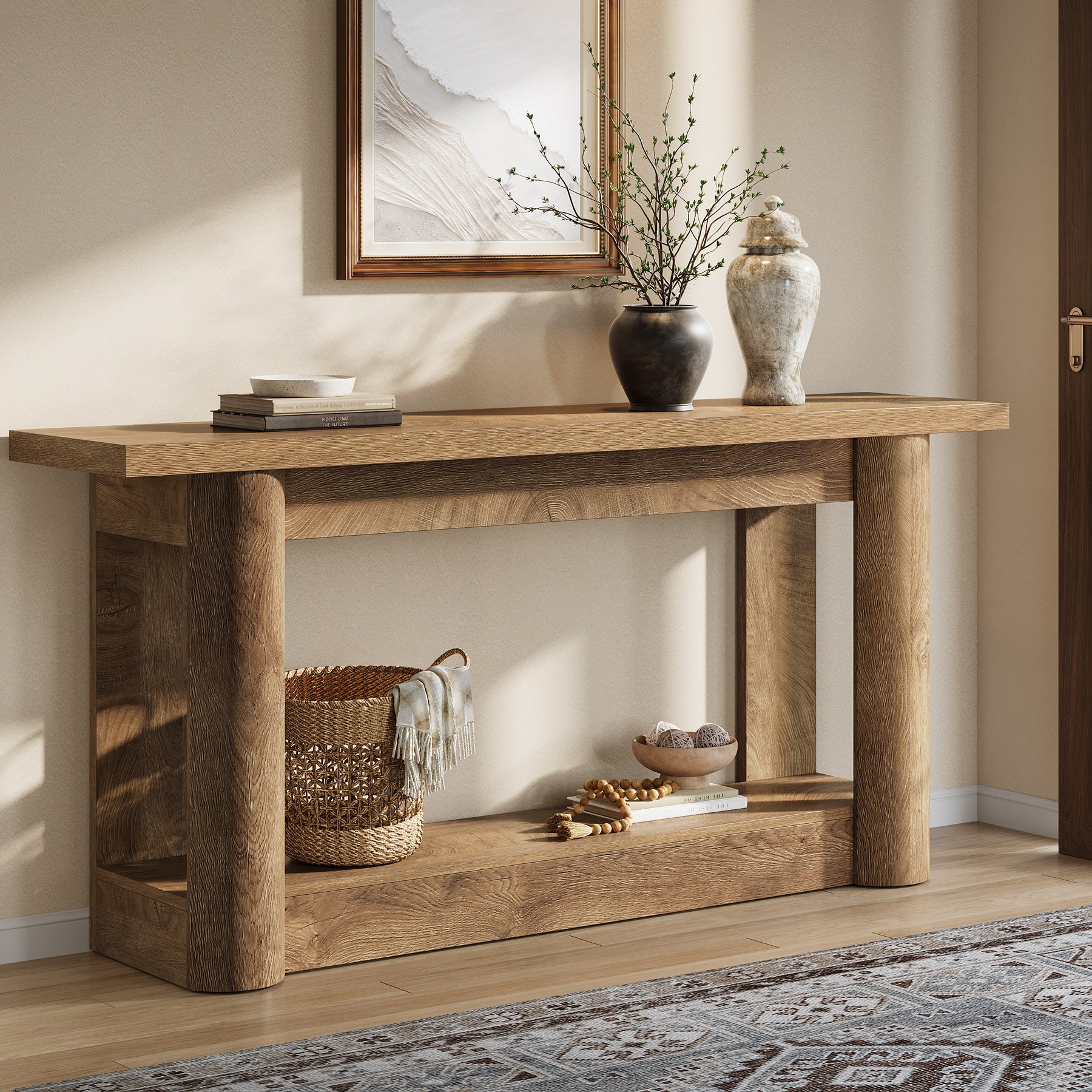 Mesa consola de 160 cm, mesa de sofá de granja de 2 niveles para la entrada