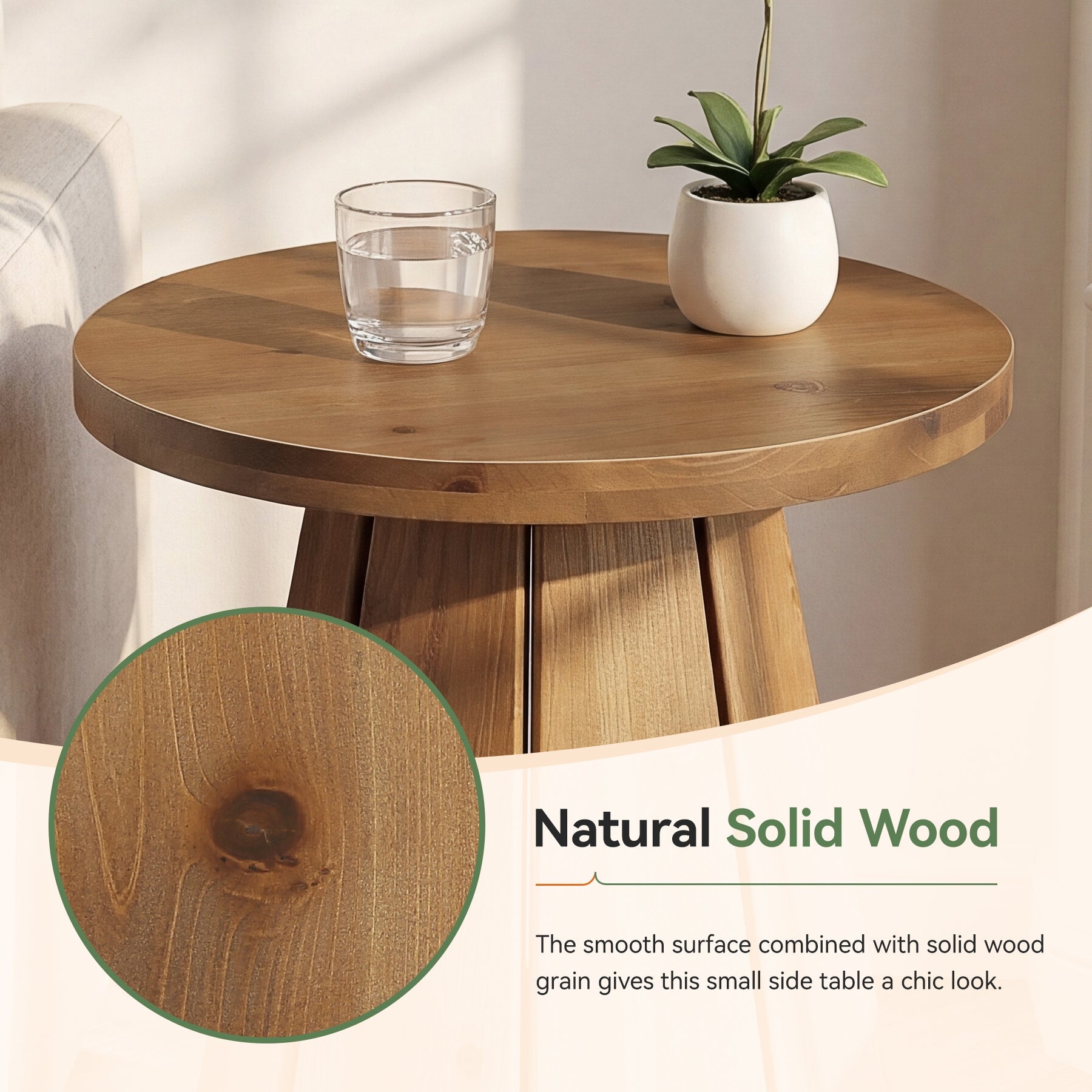 Tribesigns Mesa auxiliar redonda de madera maciza, Mesa de centro de estilo rústico de 50 cm con base escultural