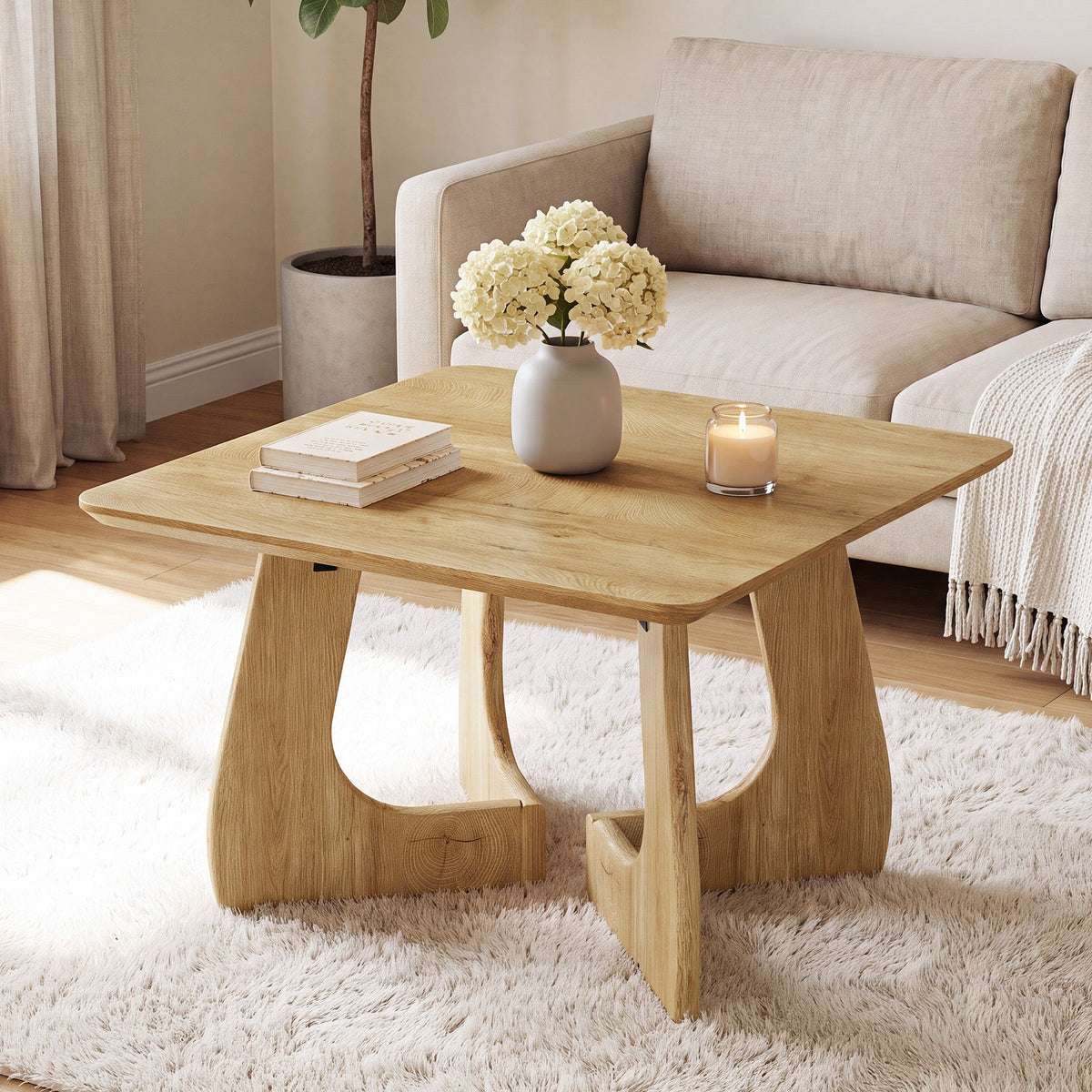 Tribesigns Mesa de centro cuadrada de 80 cm, Mesa de salón moderna con estructura de madera escultural