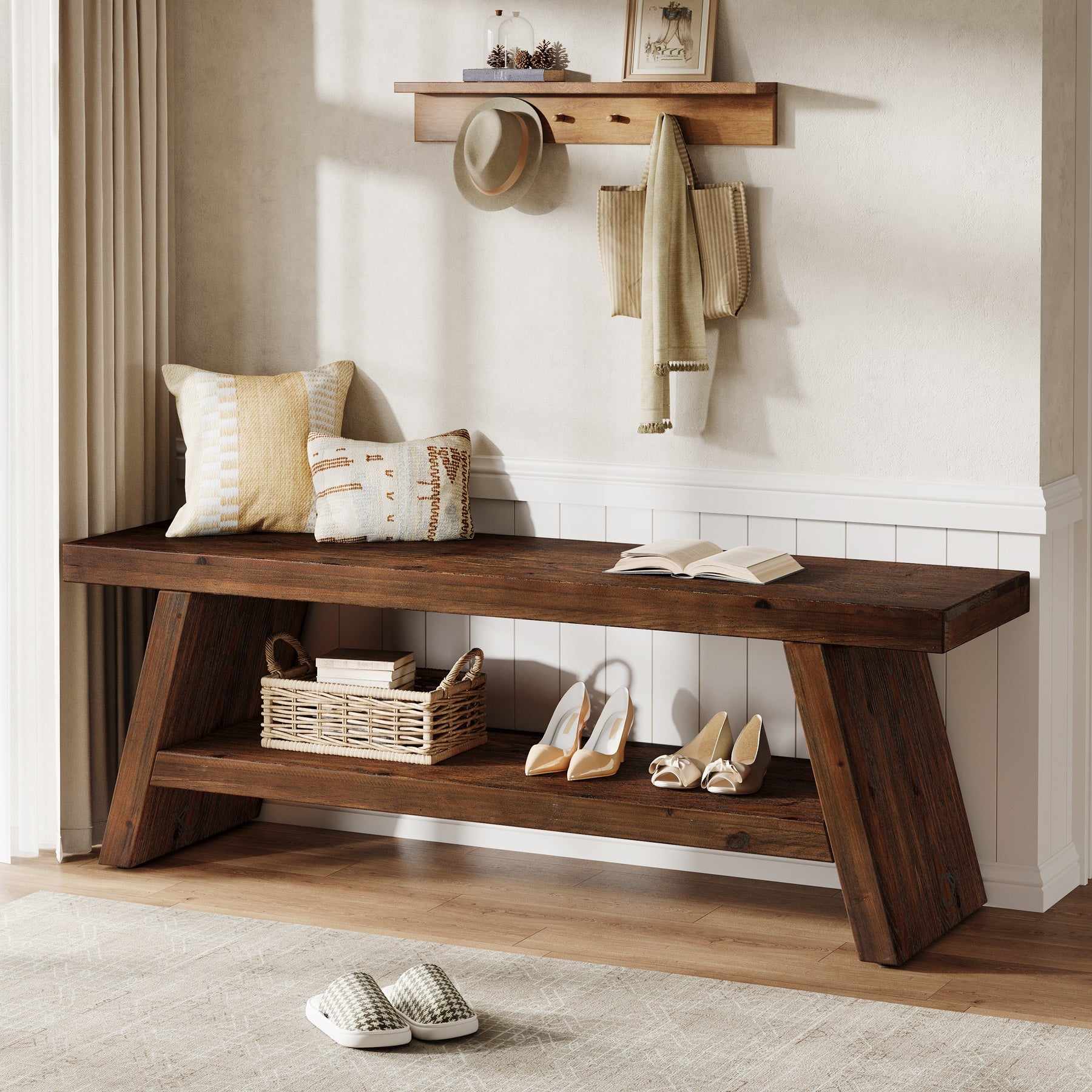 Tribesigns Banco de madera maciza con estante, Banco zapatero de 2 niveles de estilo rústico para pasillo y dormitorio