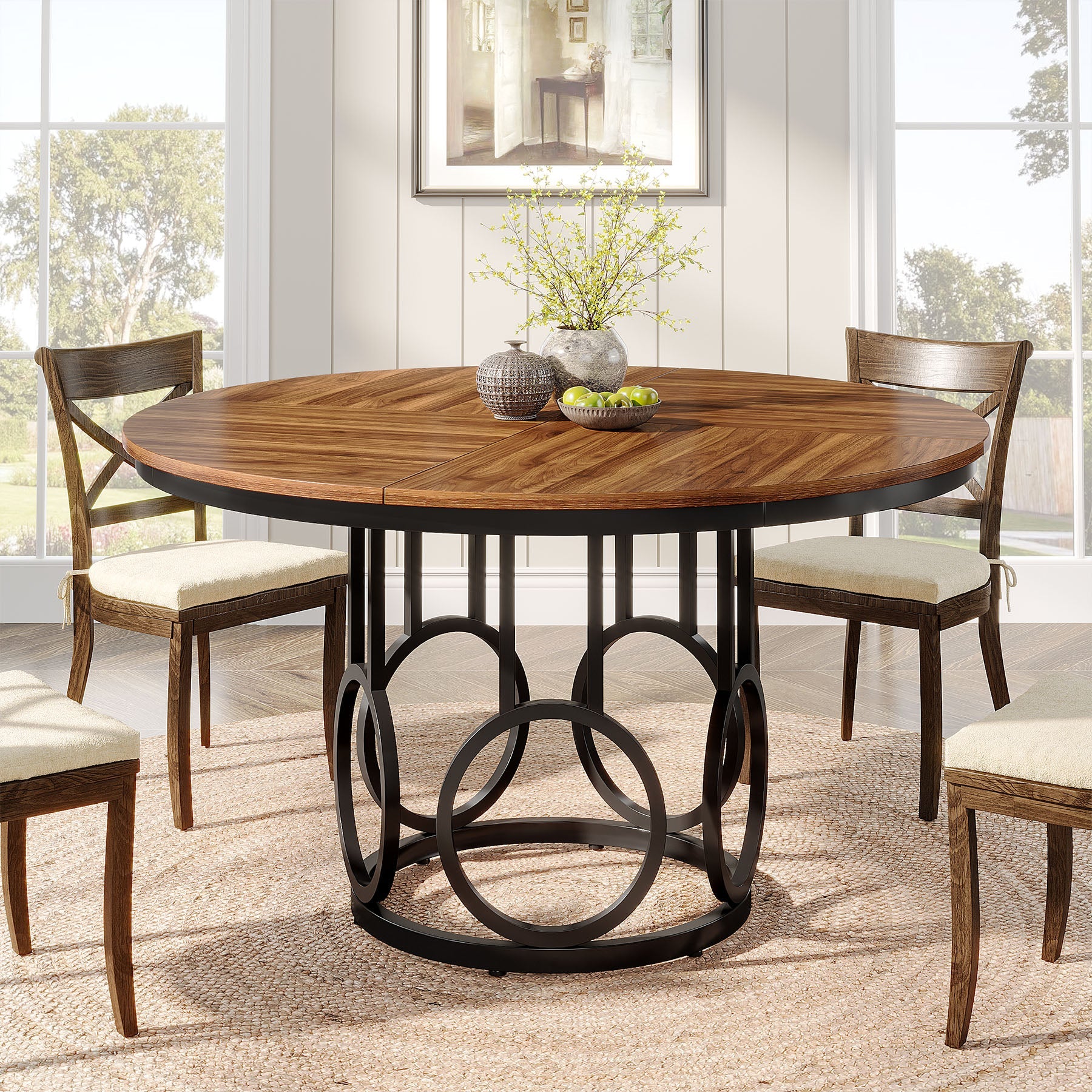 Tribesigns Mesa de comedor rústica con patas de metal y mesa de cocina redonda