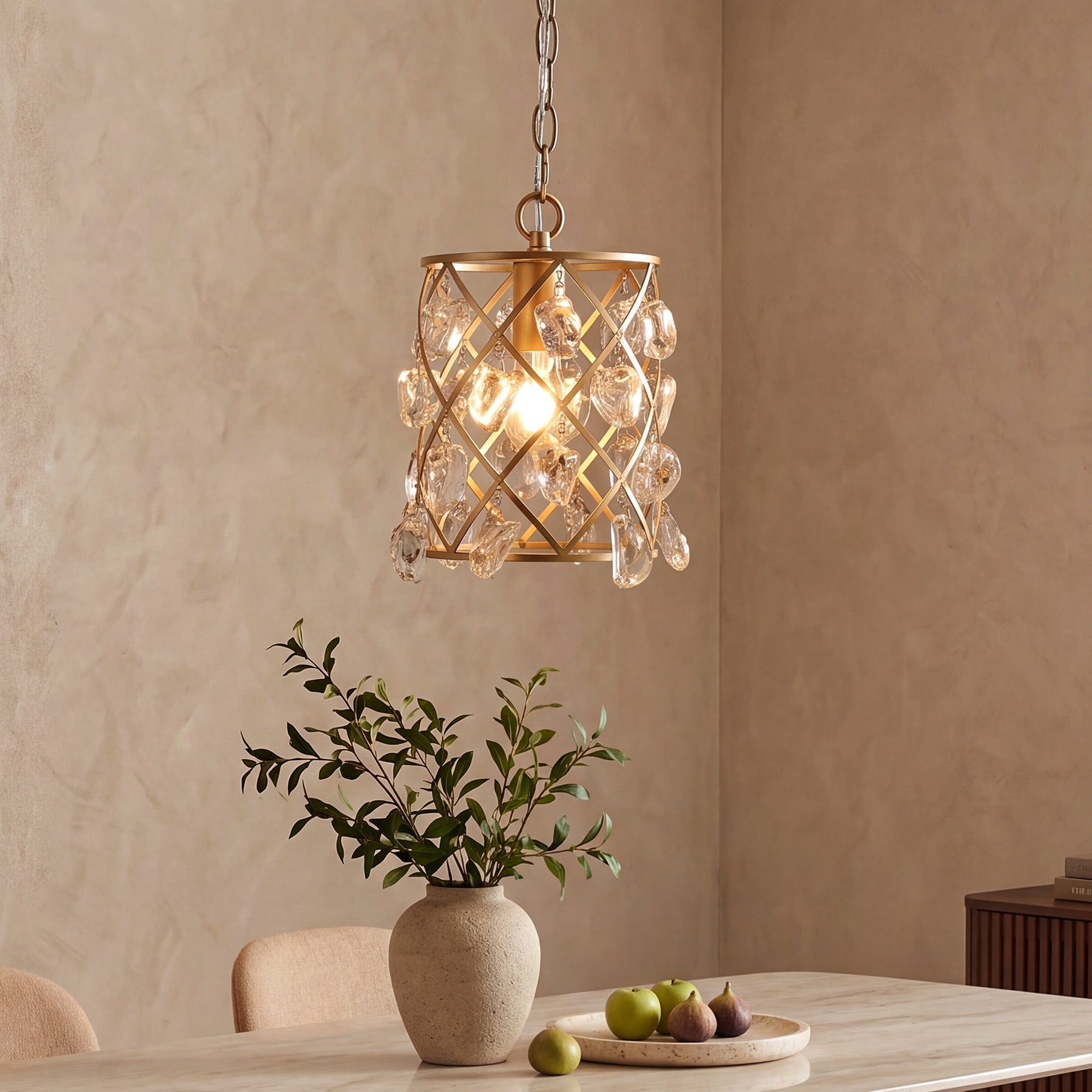 Lámpara colgante Gold de 17,5 x 17,5 x 30 cm, Moderna lámpara colgante con cristales de vidrio con forma de onda de agua y casquillo E27 para isla de cocina, comedor y pasillo [Clase energética E]