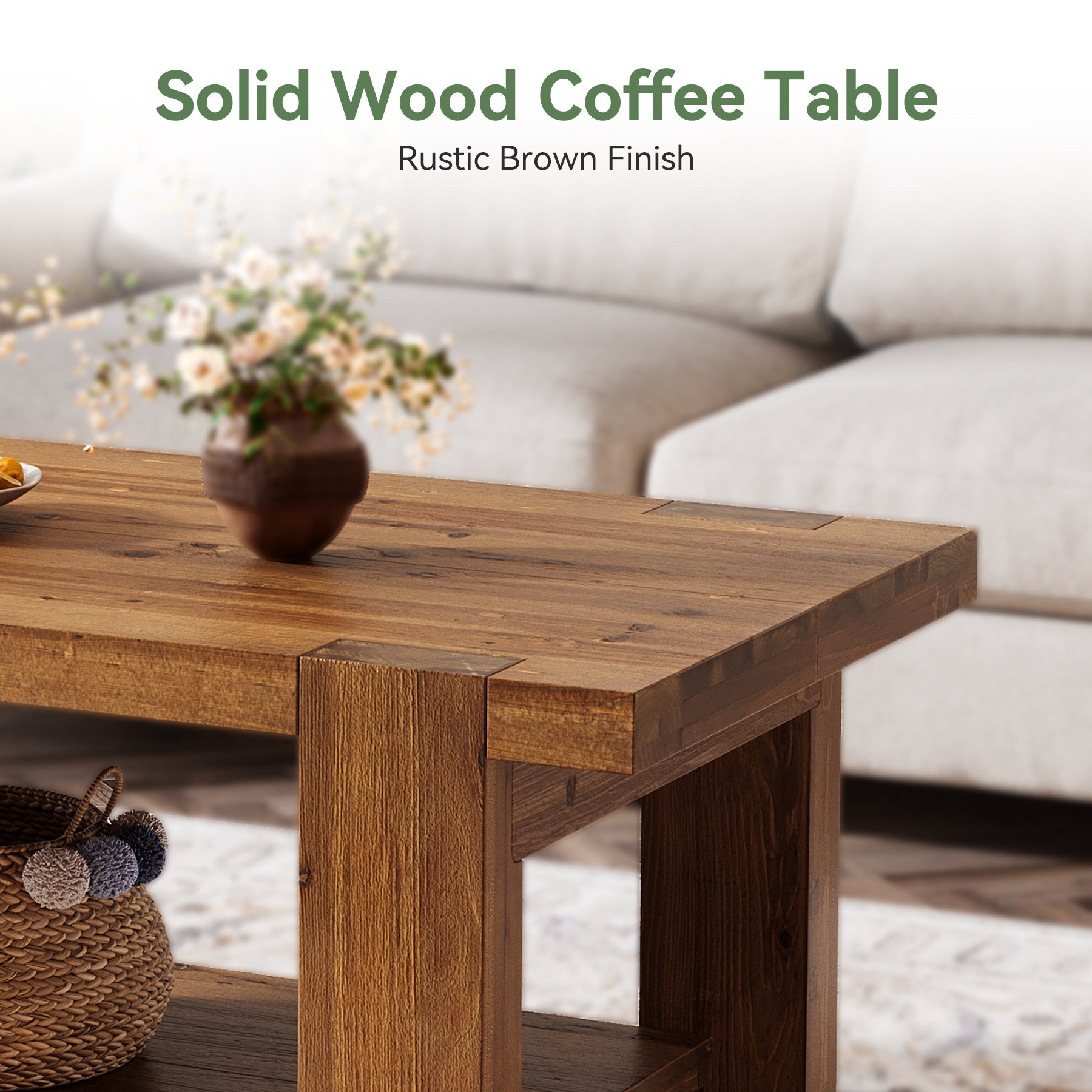 Tribesigns Massivholz Couchtisch 120 cm, Rechteckiger Wohnzimmertisch mit Ablage