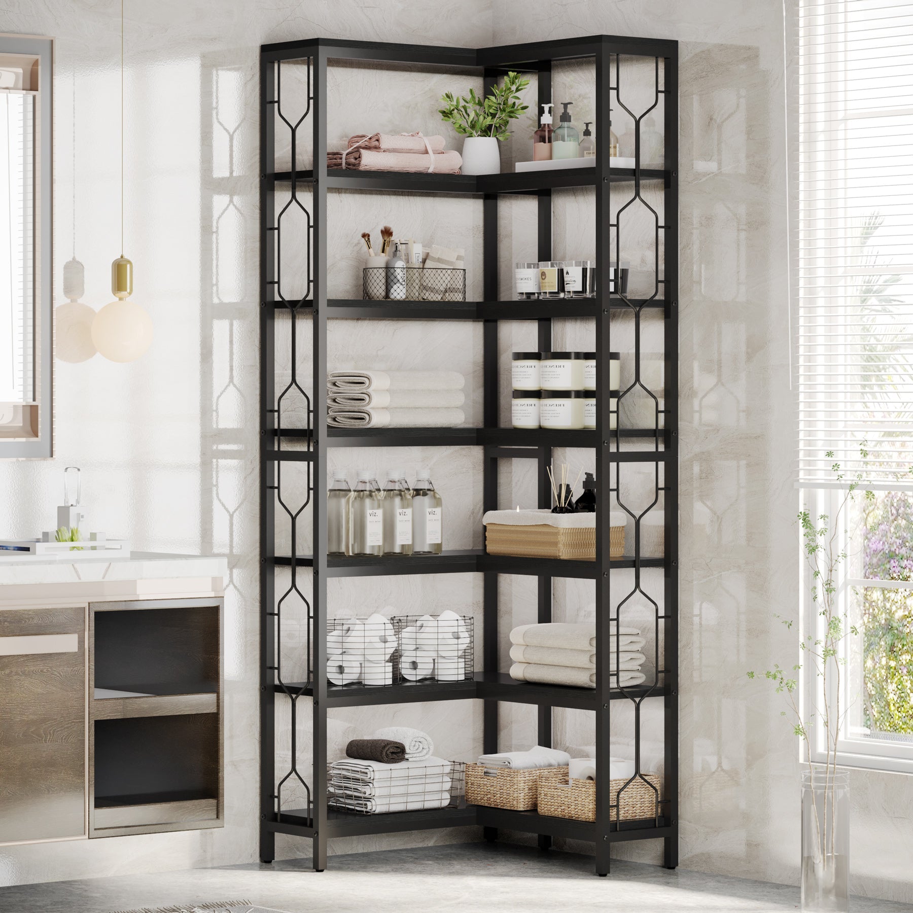 Tribesigns Estantería esquinera de madera y metal, Librería industrial de 7 niveles