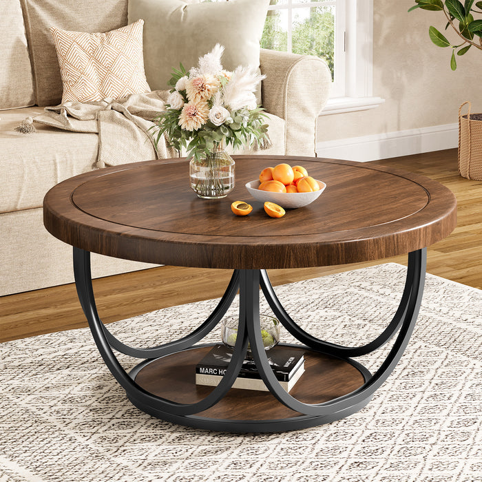 Tribesigns Mesa de centro redonda de 80 cm con estante, Mesa de salón de dos niveles de estilo industrial
