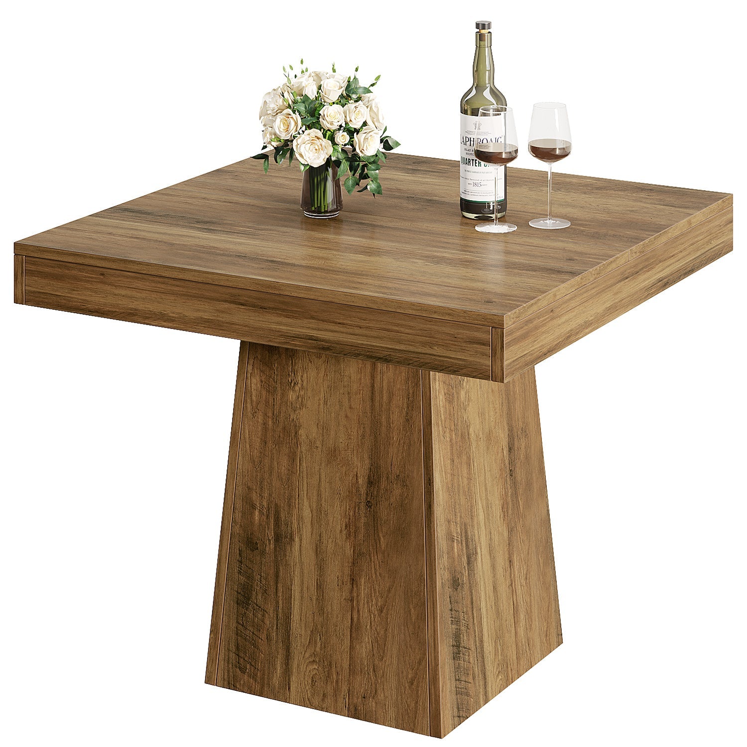 Tribesigns Mesa de comedor cuadrada de 80 cm para 4 personas, Estilo rústico con base de columna en color marrón