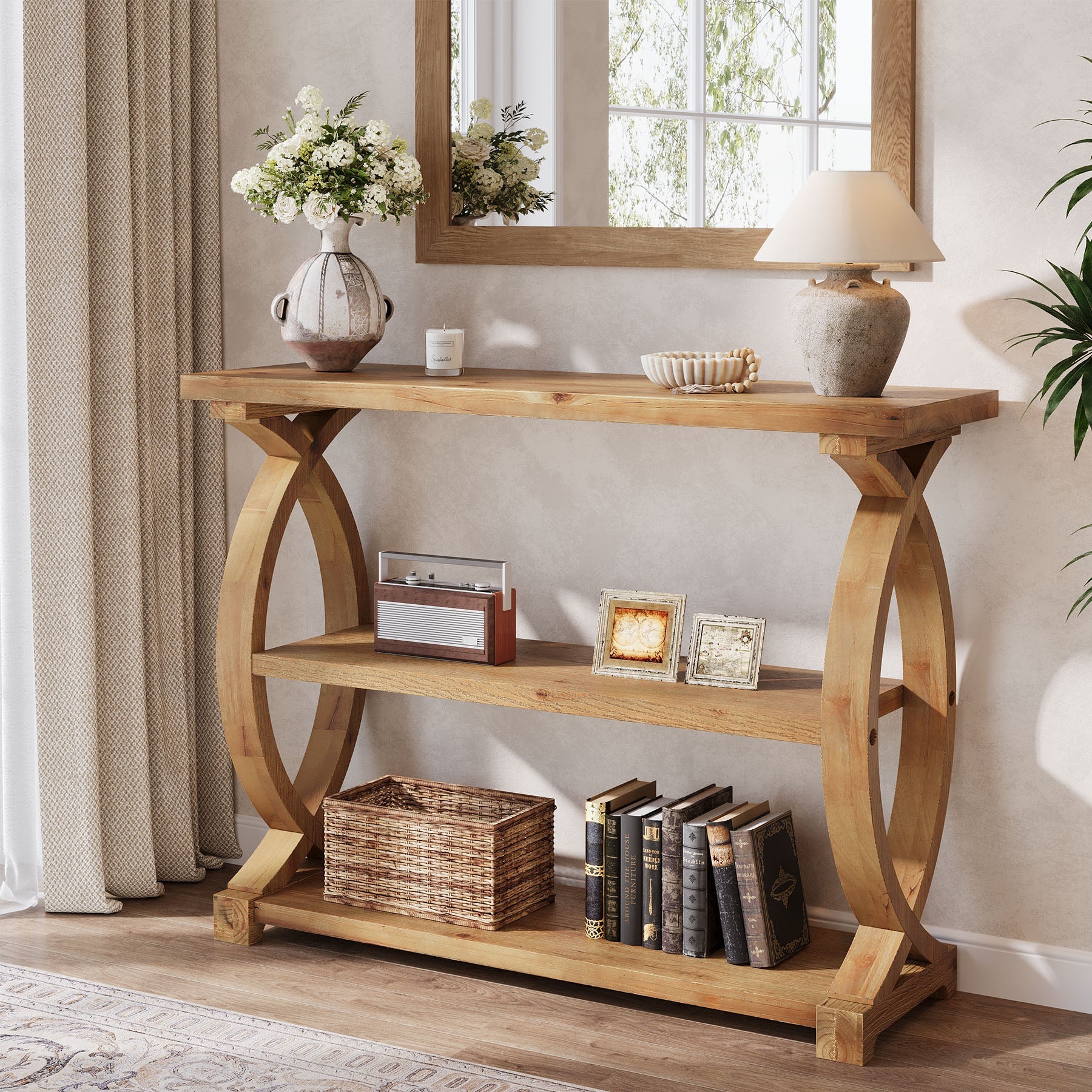 Tribesigns Consola de madera maciza de 105 cm, Mesa de sofá estrecha con 3 estantes y diseño lateral de cola de pez