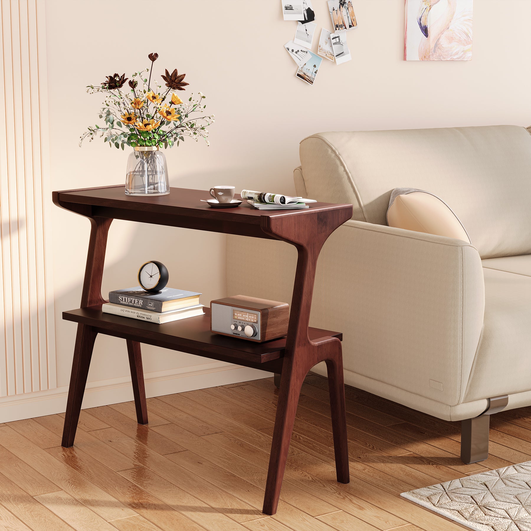 Tribesigns Mesa de centro estrecha, Mesa de centro delgada de 2 niveles con estante de almacenamiento