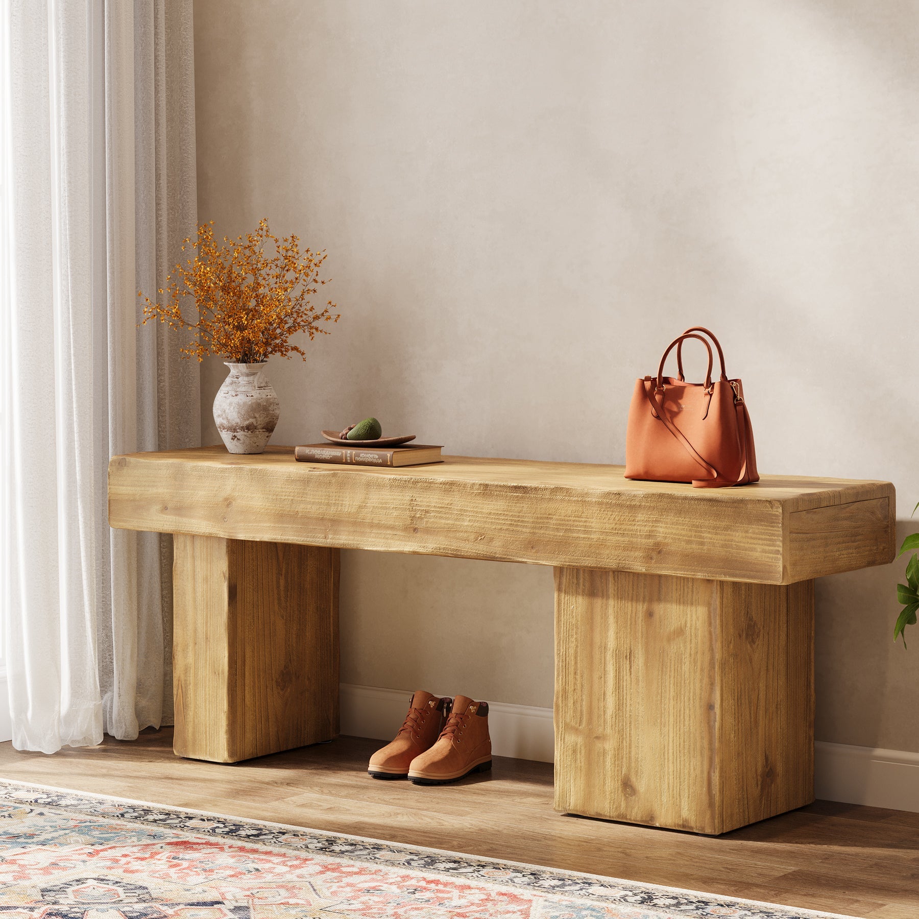 Banco de recibidor de 119 cm de madera maciza, Estilo rústico con asiento grueso