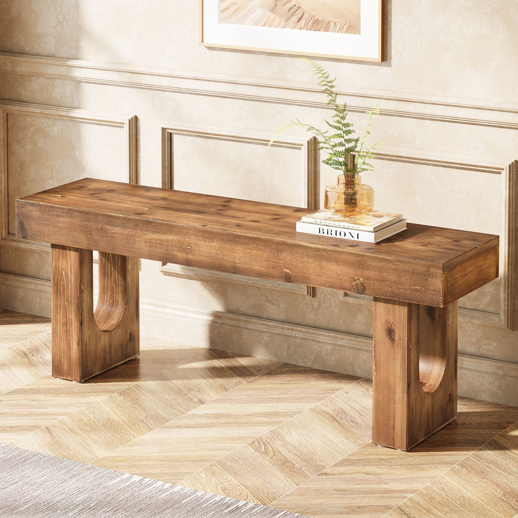 Tribesigns Banco de 120 cm de madera maciza, Banco de pasillo de pino con una robusta base en forma de U